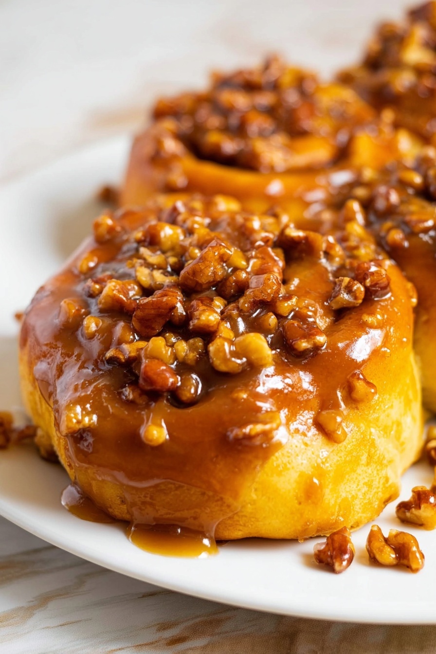 The image shows a close-up of a soft yellow doughnut topped with a thick, shiny caramel sauce full of small chopped brown nuts. The caramel layer is uneven and glossy, dripping slightly over the edges of the doughnut, while the nuts add a chunky texture on top. The doughnut sits on a white plate with a smooth surface, placed on a white marbled texture underneath. The focus is sharp on the doughnut in the front, while the other doughnuts in the background are blurred, creating a warm and inviting look. photo taken with an iphone --ar 2:3 --v 7