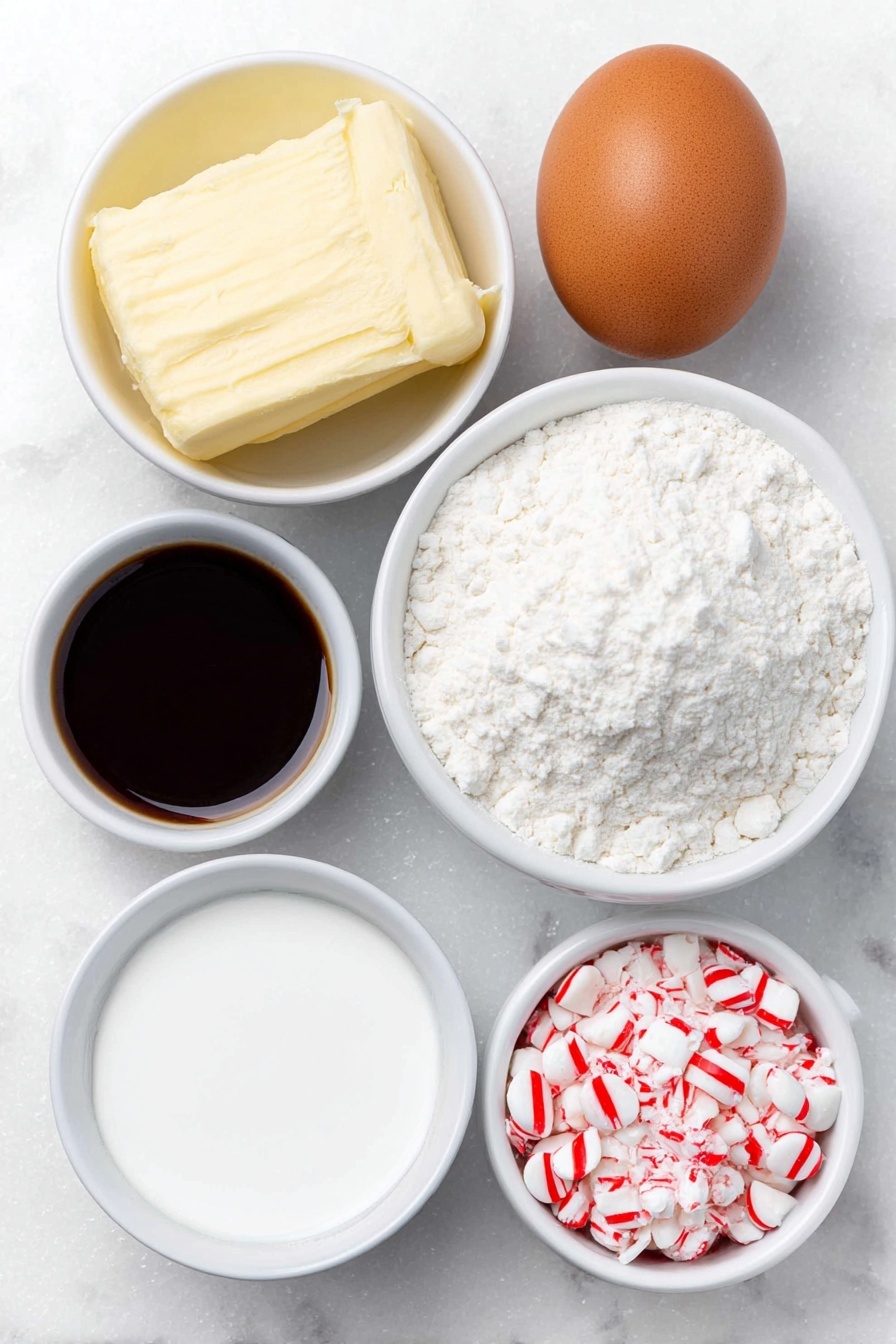 Flat lay of a half cup of unsalted butter softened in a small white ceramic bowl, a small white bowl of white granulated sugar, a single large brown egg with clean shell, a tiny white bowl with clear vanilla extract, a tiny white bowl with clear peppermint extract, a simple white ceramic bowl filled with all-purpose flour, a small white bowl with baking soda, a small white bowl with salt, a small white bowl of milk, a small white bowl containing crushed red and white candy cane pieces, and a neat pile of red and white peppermint Hershey’s Candy Cane Kisses chocolates, all arranged in perfect symmetry on a clean white marble surface, soft natural light, photo taken with an iPhone, professional food photography style, fresh ingredients, white ceramic bowls, no bottles, no duplicates, no utensils, no packaging --ar 2:3 --v 7 --p m7354615311229779997