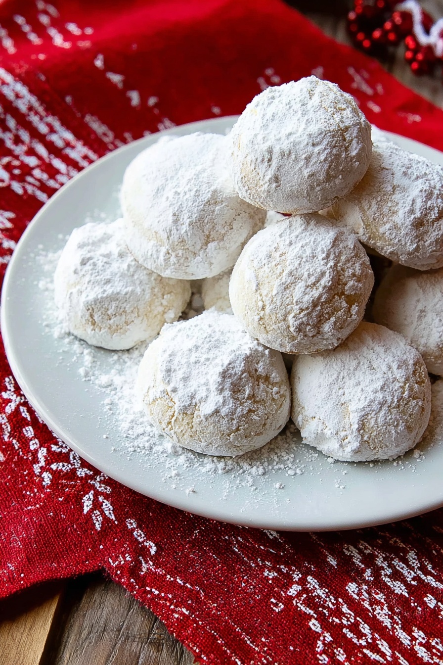 A white plate holds around ten round cookies piled in the center, each cookie covered with a thick layer of white powdered sugar, giving them a soft, snowy look. The cookies have a light beige color peeking from under the powdered sugar. The plate sits on a wooden surface, with a red cloth that has white patterns placed on one side. Photo taken with an iphone --ar 2:3 --v 7
