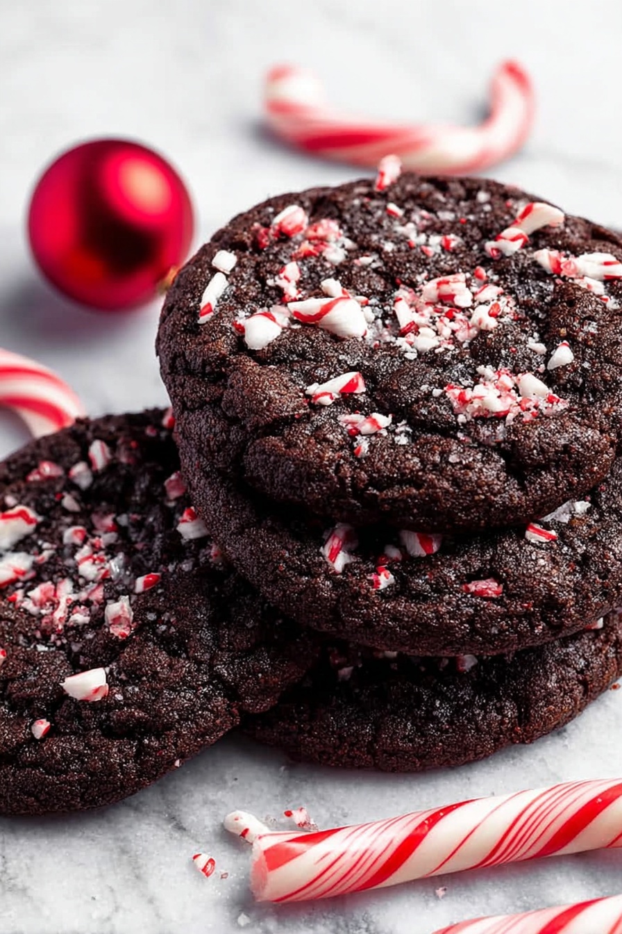 Four dark chocolate cookies are spread in a slightly overlapping circle on a white marbled surface. Each cookie has a rough, cracked texture and is topped with small red and white peppermint candy pieces and a light sprinkle of white sugar crystals. Around the cookies, there are three red and white candy canes and a shiny red Christmas ornament ball adding a festive feel. The colors contrast well with the dark cookies and the white marbled background, creating a vibrant holiday scene. Photo taken with an iphone --ar 2:3 --v 7