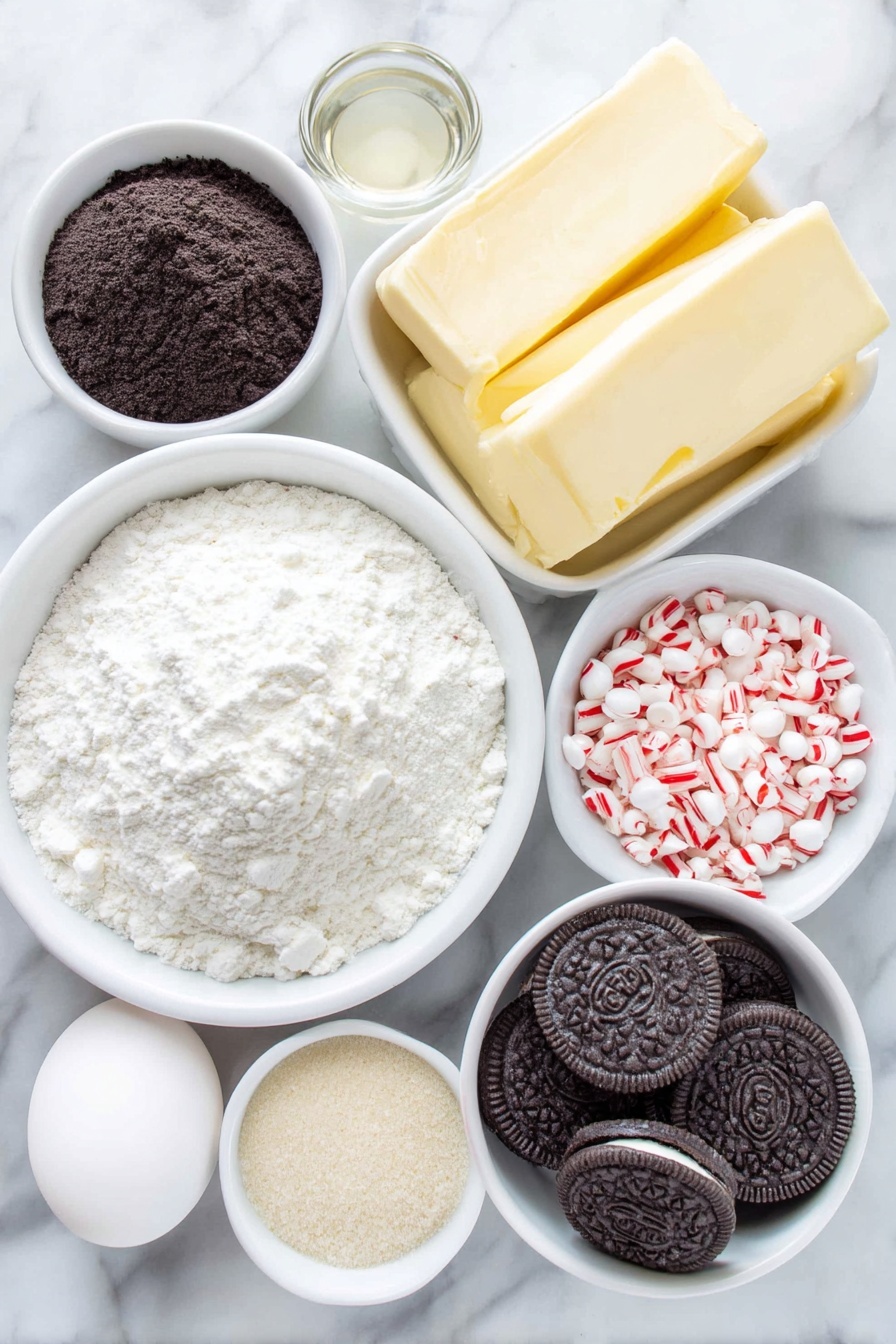 Flat lay of a small mound of all-purpose flour, a heap of rich Dutch-process cocoa powder, a few specks of baking powder and baking soda sprinkled neatly, a pinch of salt crystals, a pat of softened unsalted butter, a small pile of light brown sugar, a small pile of granulated white sugar, two whole uncracked brown eggs with clean shells, a small white bowl of clear peppermint extract, a small white bowl of vanilla bean paste, a small white bowl filled with peppermint chips, a small white bowl of semi-sweet chocolate chips, a small white bowl with crushed candy canes, all arranged symmetrically on simple white ceramic bowls and plates, placed on a clean white marble surface, soft natural light, photo taken with an iPhone, professional food photography style, fresh ingredients, white ceramic bowls, no bottles, no duplicates, no utensils, no packaging --ar 2:3 --v 7 --p m7354615311229779997