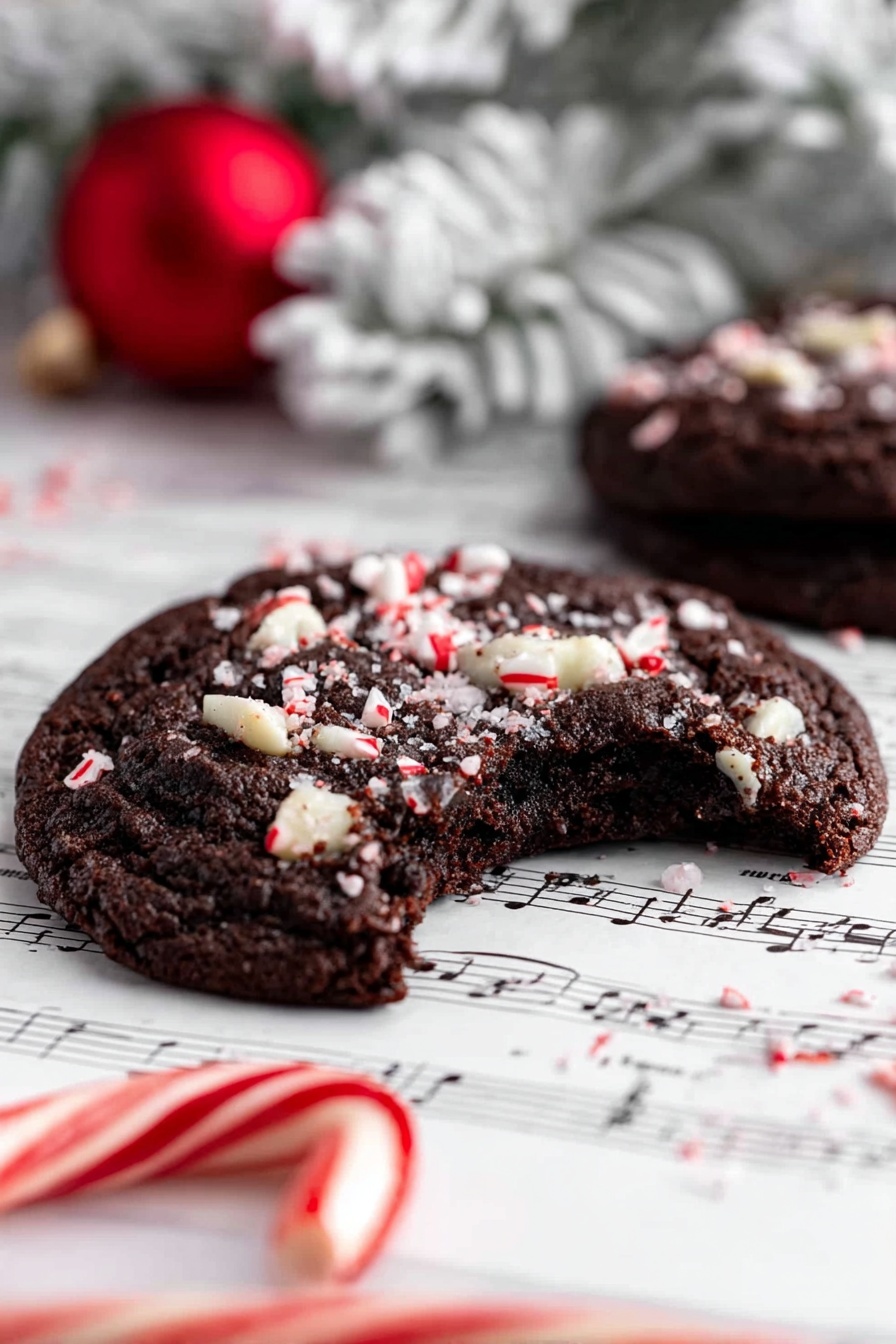 A close-up of a dark brown chocolate cookie with a rough texture, topped with small white and red crushed peppermint pieces. The cookie has one bite taken out of its side, showing a slightly softer inside. It rests on a white sheet with black musical notes, beside a red and white candy cane at the bottom left. The background includes a white marbled surface with a shiny red ornament and a frosted white decorative piece on the right. Photo taken with an iphone --ar 2:3 --v 7