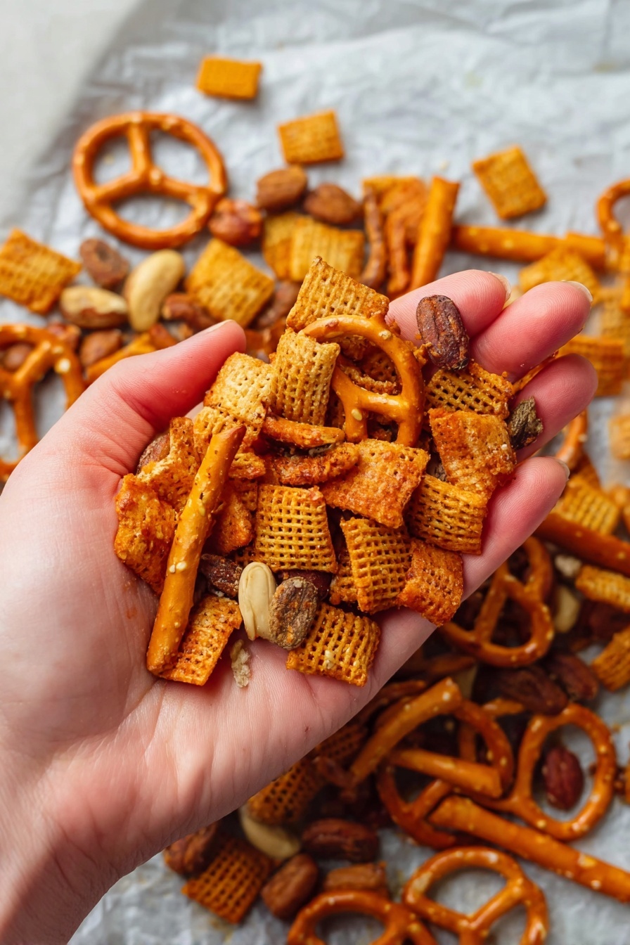 A woman's hand is holding a mix of snack pieces, including small burnt orange squares with a waffle texture, orange pretzel sticks, round brown crackers, and some light brown nuts. The mix layers are uneven, with burnt spots giving a dark orange to brown color on some snack pieces. The background shows more of the same mixed snacks spread out on white parchment paper, resting on a white marbled surface. photo taken with an iphone --ar 2:3 --v 7