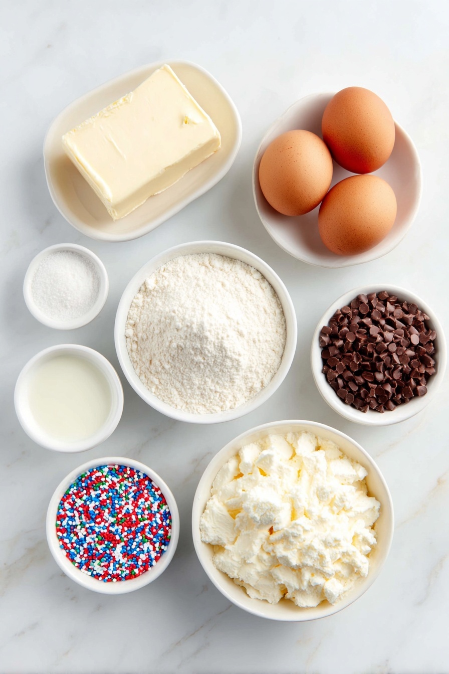 Flat lay of a small pile of softened unsalted butter, two whole brown eggs with clean shells, a small block of fresh cream cheese, a small white ceramic bowl filled with granulated sugar, another small white ceramic bowl with fine white flour, a small white ceramic bowl containing baking powder, a tiny white ceramic bowl of salt, a small white ceramic bowl of vanilla extract, a small white ceramic bowl with heavy cream, a small white ceramic bowl filled with powdered sugar, a small white ceramic bowl with colorful Christmas jimmies (sprinkles), and a small white ceramic bowl with assorted Christmas sprinkles, all arranged symmetrically and balanced, placed on a clean white marble surface, soft natural light, photo taken with an iPhone, professional food photography style, fresh ingredients, white ceramic bowls, no bottles, no duplicates, no utensils, no packaging --ar 2:3 --v 7 --p m7354615311229779997
