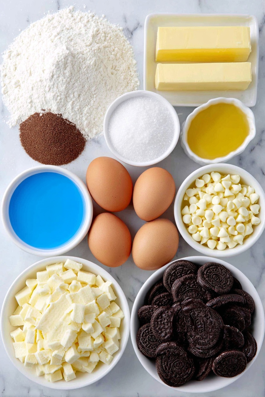 Flat lay of a small mound of all purpose flour, a small heap of cornstarch powder, a few white baking soda crystals, a pinch of fine salt, two smooth sticks of unsalted butter, a small pile of brown sugar, a smaller pile of granulated sugar, two whole uncracked brown eggs, a small white ceramic bowl with clear vanilla extract, three small white ceramic bowls each containing gel food coloring in royal blue, electric blue, and violet, a small white ceramic bowl filled with white chocolate chips, a small white ceramic bowl with chopped mini chocolate chip cookies (Chips Ahoy), and a small white ceramic bowl with chopped Oreo cookies, all ingredients arranged symmetrically and naturally placed on a clean white marble surface, soft natural light, photo taken with an iPhone, professional food photography style, fresh ingredients, white ceramic bowls, no bottles, no duplicates, no utensils, no packaging --ar 2:3 --v 7 --p m7354615311229779997