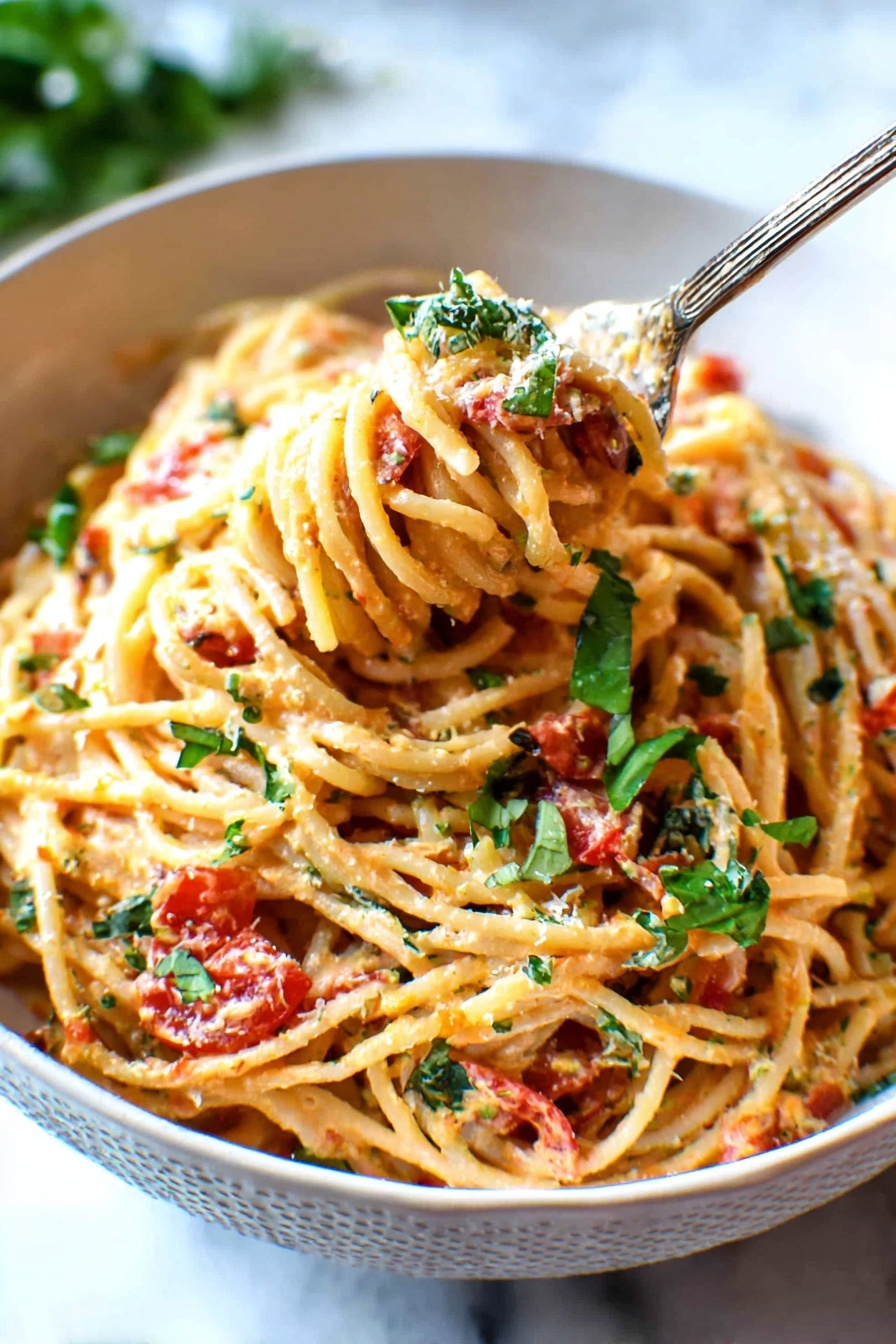 A bowl filled with long spaghetti noodles mixed with a creamy sauce, small pieces of red tomato, and bits of green herbs scattered throughout. The noodles have a light golden color with a soft texture, and the sauce looks smooth and rich, coating each strand. On top, there are fresh green herb leaves as a garnish. A silver fork is picking up a twist of spaghetti from the bowl. The bowl itself is white with a subtle textured pattern, placed on a white marbled surface. Photo taken with an iphone --ar 2:3 --v 7