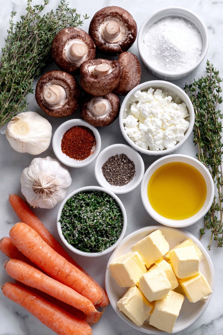 Flat lay of fresh whole cremini mushrooms both sliced and whole, vibrant medium orange carrots roughly chopped, bright green celery stalks chopped, a small yellow onion with papery skin intact, whole uncracked garlic cloves, a few small sprigs of fresh thyme leaves, dried paprika and dried dill spices carefully arranged as small piles, cracked black pepper and dried oregano seasoning in tiny white ceramic bowls, a pinch of red pepper flakes, a small mound of white all-purpose flour, granulated beef bouillon powder in a white bowl, a small white bowl of low-sodium chicken broth, a small white bowl of milk, a small white bowl with creamy Greek yogurt, a small white bowl of glossy olive oil, chunks of unsalted butter on a white plate, a small white bowl holding dark balsamic vinegar, a small white bowl with fresh lemon juice, fresh sprigs of bright green parsley and chives arranged simply on the side, all arranged symmetrically on a clean white marble surface, soft natural light, photo taken with an iPhone, professional food photography style, fresh ingredients, white ceramic bowls, no bottles, no duplicates, no utensils, no packaging --ar 2:3 --v 7 --p m7354615311229779997