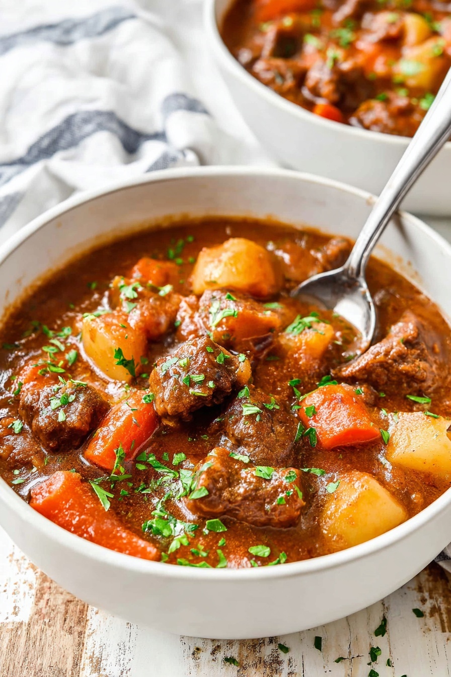 A white bowl with a brown rim is filled with thick brown stew containing chunks of tender brown meat, orange carrot slices, and light yellow potato pieces, all covered in a rich brown sauce. The stew is topped with small green parsley leaves, adding a fresh touch. A silver spoon stands upright in the stew on the left side of the bowl. Two woman's hands hold the bowl, wearing gray knitted sleeves. The bowl rests on a white marbled surface with some small green herb bits scattered around. Photo taken with an iphone --ar 2:3 --v 7