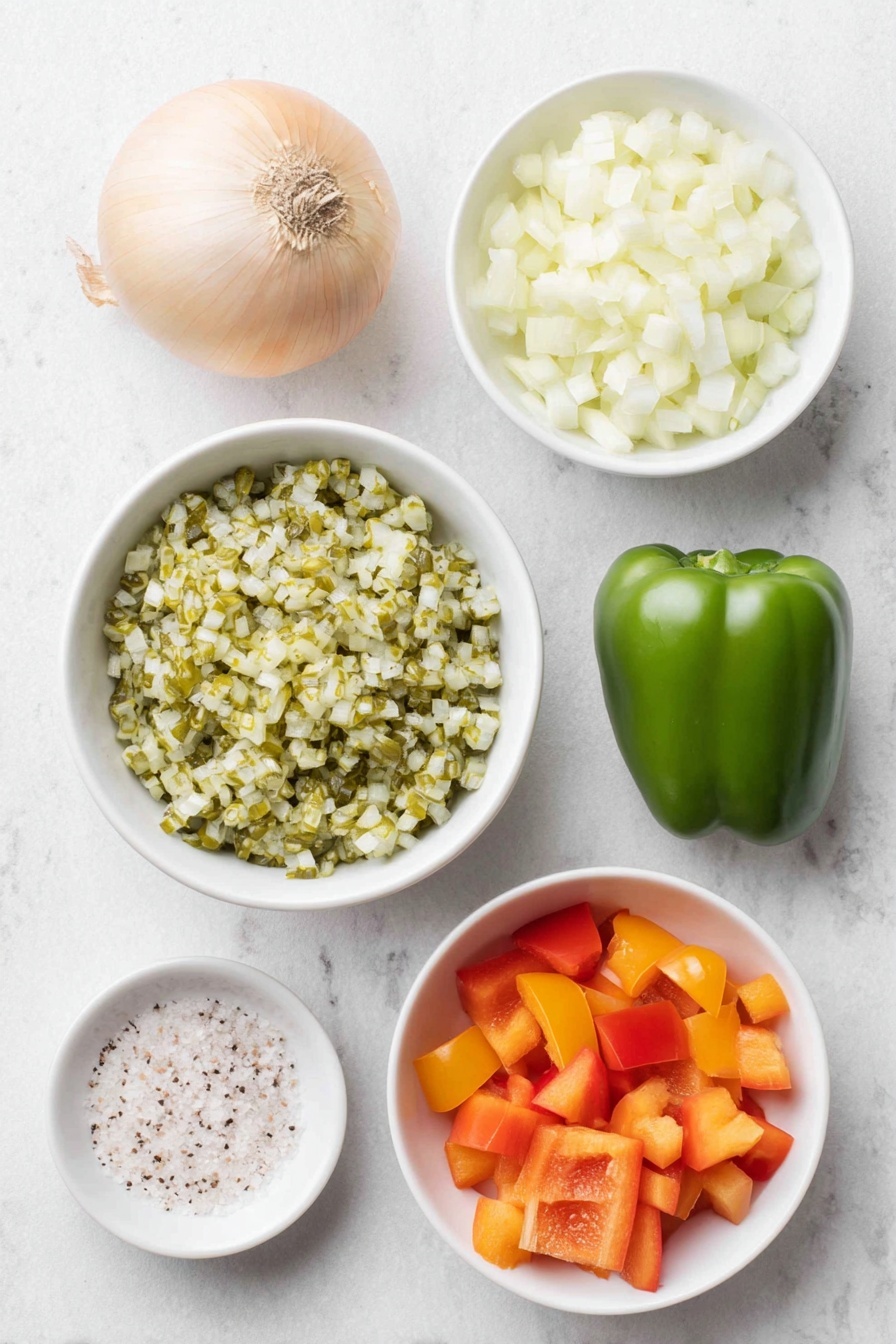 Flat lay of finely diced baby dill pickles with visible small seeds and soft green skin, half a sweet yellow onion cut into small cubes showing its bright pale yellow layers, a whole glossy red bell pepper sliced and diced revealing its crisp texture and seeds removed, a small white ceramic bowl containing light green pickle brine, a fresh whole garlic clove with papery skin intact, a single serrano pepper with smooth green skin finely diced to show its crisp interior, a small white ceramic bowl with coarse kosher salt crystals, all arranged symmetrically with balanced spacing, placed on a clean white marble surface, soft natural light, photo taken with an iPhone, professional food photography style, fresh ingredients, white ceramic bowls, no bottles, no duplicates, no utensils, no packaging --ar 2:3 --v 7 --p m7354615311229779997