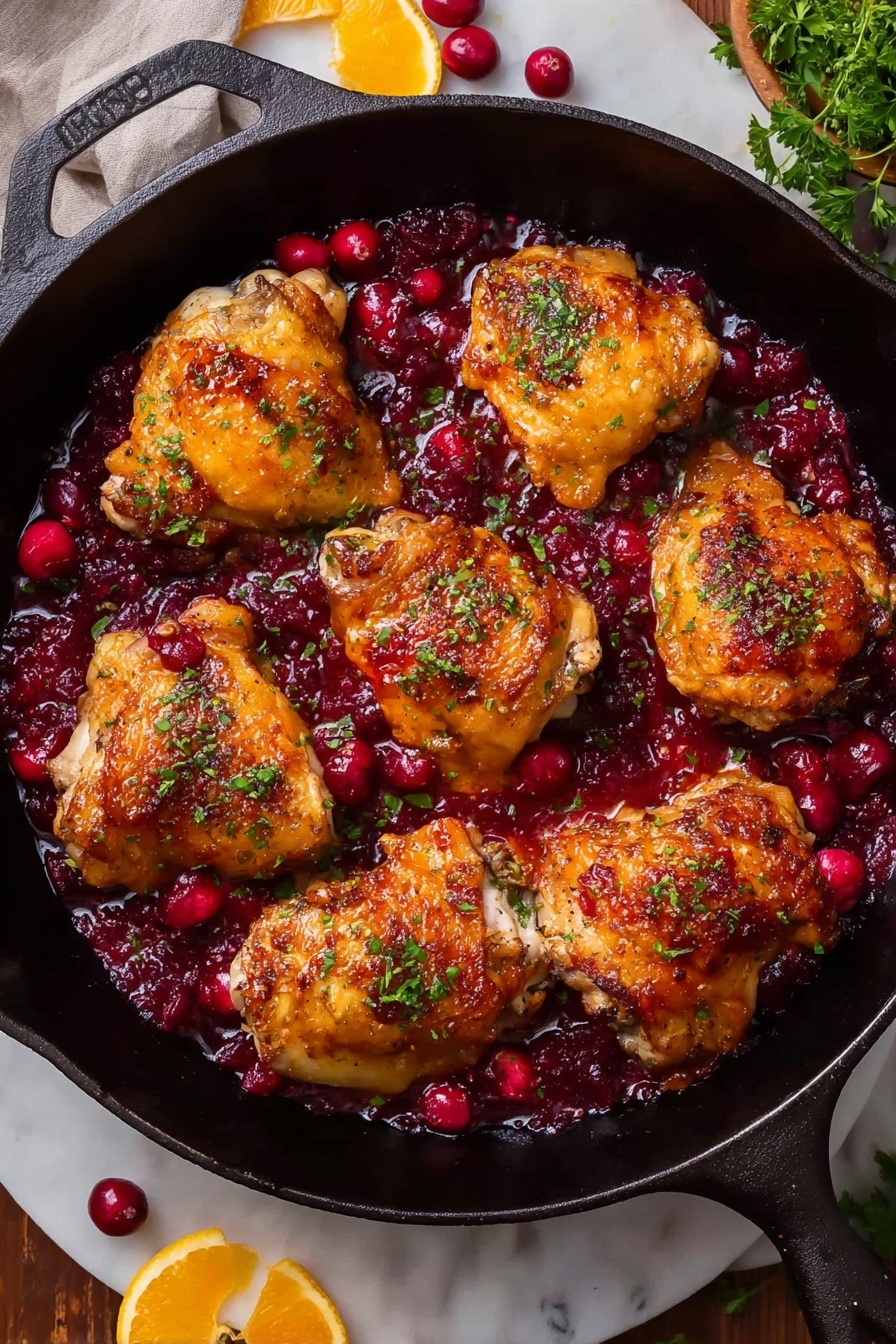A black cast iron pan holds seven golden brown chicken pieces on the top layer, each with a crispy skin texture. They are topped and surrounded by a deep red cranberry sauce with whole berries, creating a shiny, slightly chunky layer over and around the chicken. Small green parsley flakes are sprinkled on the chicken for a touch of color. The pan is on a white marbled surface, and around it are scattered garnishes, orange wedges, and green herbs. Photo taken with an iphone --ar 2:3 --v 7