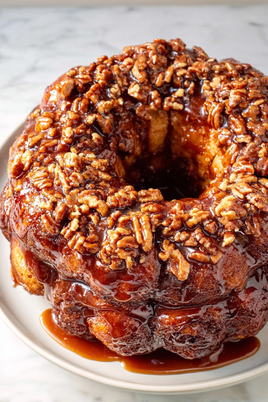 A white plate holds a thick ring of monkey bread made of many soft, sticky, golden brown dough balls clumped together, each coated in a shiny, dark caramel sauce with small bits of chopped pecans scattered generously over the top. The dough pieces show a lightly spongy texture inside where some have been pulled apart. The plate sits on a white marbled surface, and some pecan bits and smaller dough balls are scattered around the main ring. Photo taken with an iphone --ar 2:3 --v 7