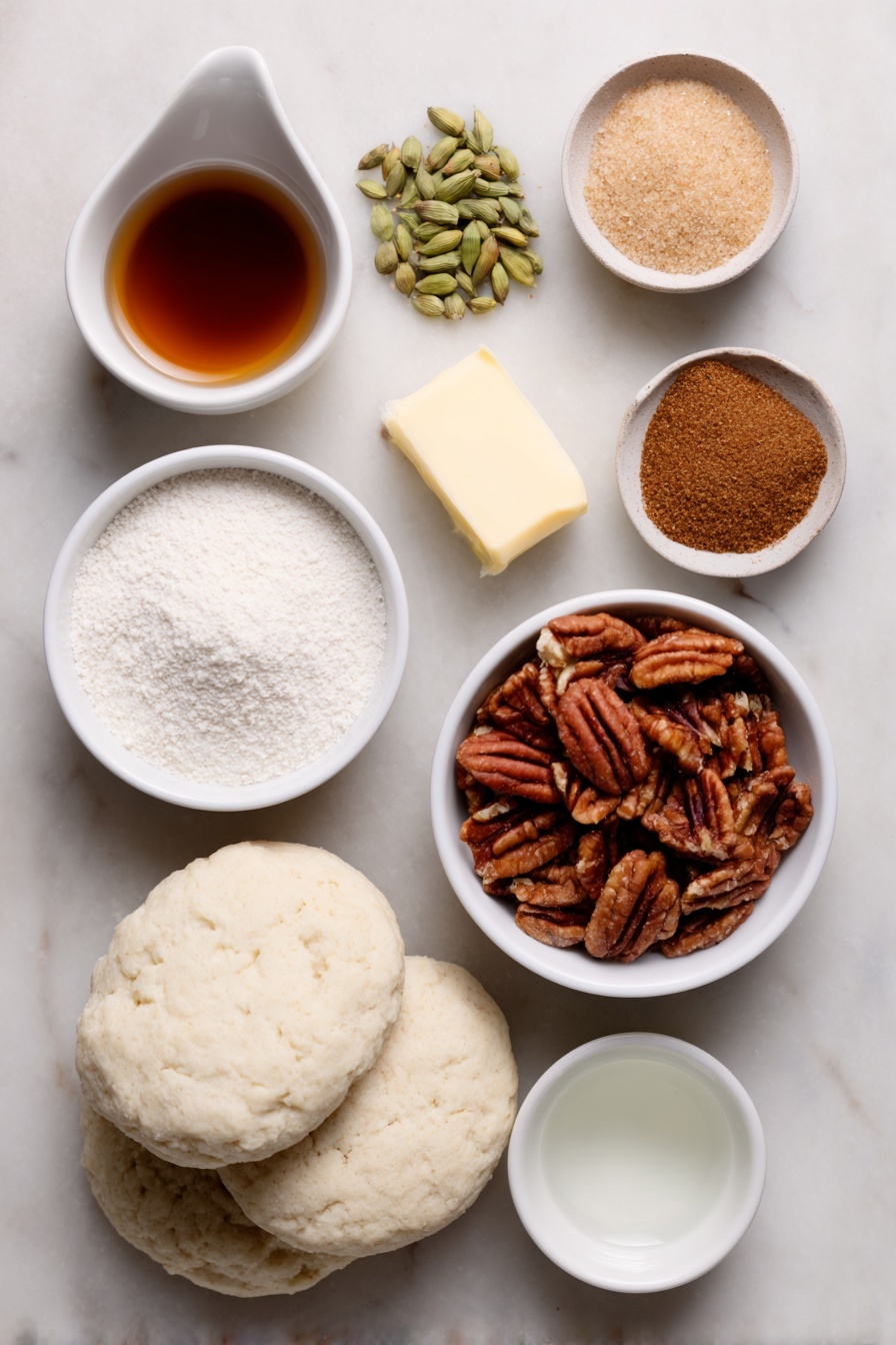 Flat lay of two stacks of fluffy pale buttermilk biscuit dough rounds, a small mound of golden granulated sugar, a small heap of warm brown ground cinnamon powder, a tiny pile of light green whole cardamom pods, a small cluster of shelled chopped pecans, a pat of creamy pale yellow unsalted butter, a small white ceramic bowl filled with light golden melted butter, a small white ceramic bowl holding packed light brown sugar, a small white ceramic bowl of fine white salt, and a small white ceramic bowl containing clear vanilla extract liquid, all arranged in perfect symmetry on a clean white marble surface, soft natural light, photo taken with an iPhone, professional food photography style, fresh ingredients, white ceramic bowls, no bottles, no duplicates, no utensils, no packaging --ar 2:3 --v 7 --p m7354615311229779997