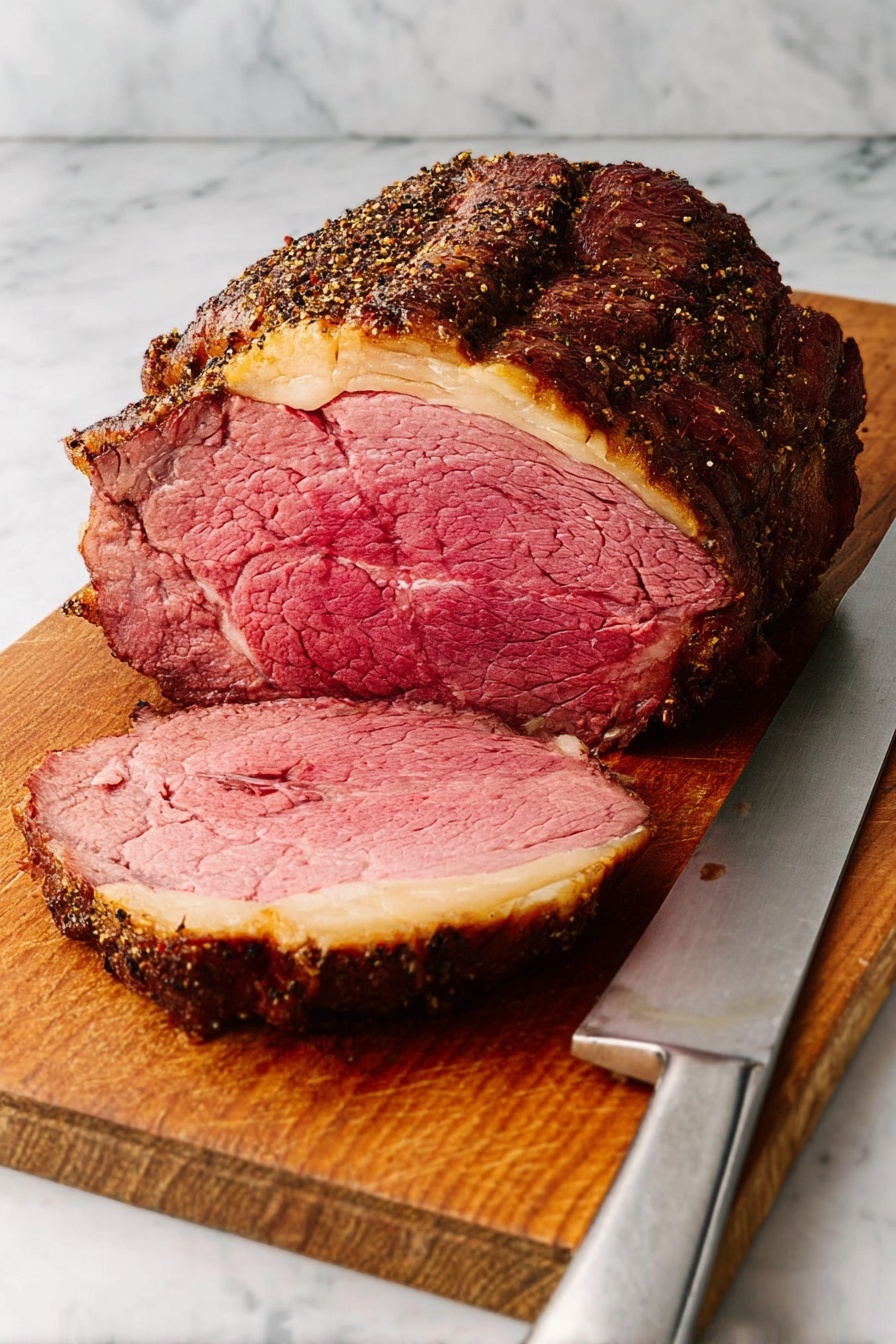 A large piece of roasted meat with a dark, crispy, and seasoned outer layer sits in the middle of a white pan. The meat has a rich brown color with some lighter golden spots and is surrounded by caramelized onion layers that are golden and slightly charred. The white marbled surface underneath holds fresh green rosemary sprigs to the left and a white cloth on the right side of the pan. The whole scene gives a warm, rustic feeling of a cooked meal. photo taken with an iphone --ar 2:3 --v 7