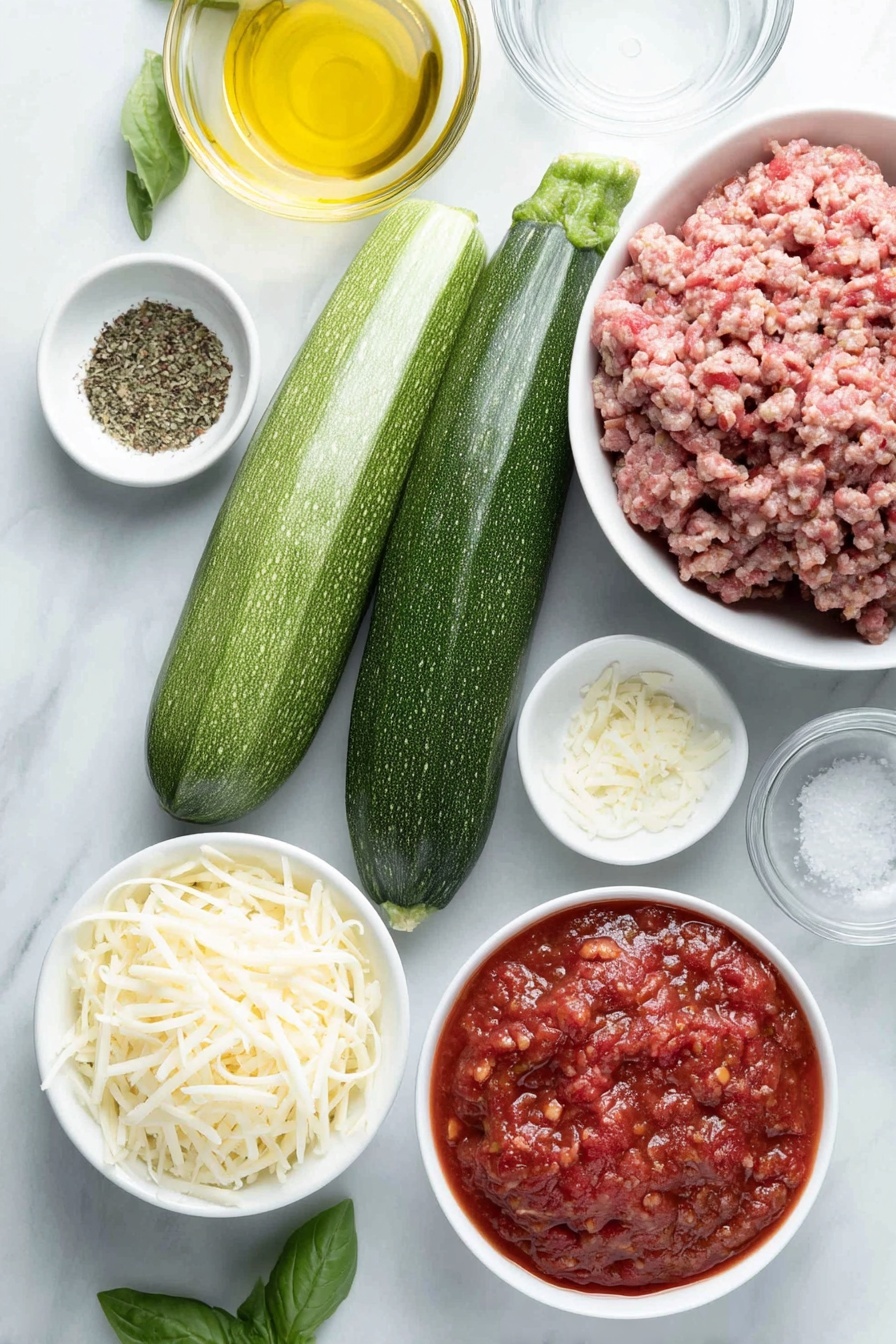 Flat lay of fresh whole zucchinis halved lengthwise with pale green interiors, a small white ceramic bowl of lean ground turkey, a small white ceramic bowl with rich red tomato paste, a small white ceramic bowl of clear water, a small white ceramic bowl containing dried oregano, a small white ceramic bowl with fine garlic powder, a small white ceramic bowl of coarse salt, a small white ceramic bowl of cracked black peppercorns, a small white ceramic bowl with golden olive oil, a small white ceramic bowl filled with grated parmesan cheese, a small white ceramic bowl holding shredded mozzarella cheese, and a few vibrant green basil sprigs, all arranged in perfect symmetry on a clean white marble surface, soft natural light, photo taken with an iPhone, professional food photography style, fresh ingredients, white ceramic bowls, no bottles, no duplicates, no utensils, no packaging --ar 2:3 --v 7 --p m7354615311229779997