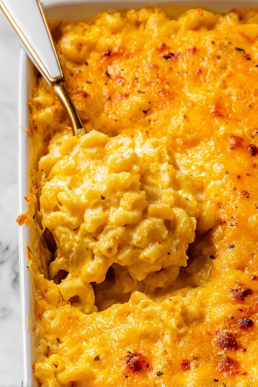 The dish is a baked macaroni and cheese in a white baking dish. It has one main layer of elbow macaroni covered with a creamy, bright yellow-orange cheese sauce. On top is a thick layer of melted, golden-brown cheese with some small browned spots and a slightly bubbly, textured surface. A spoon with a white and gold handle is scooping into the dish, pulling up soft, cheesy pasta that looks smooth and rich. The background has a white marbled texture. photo taken with an iphone --ar 2:3 --v 7