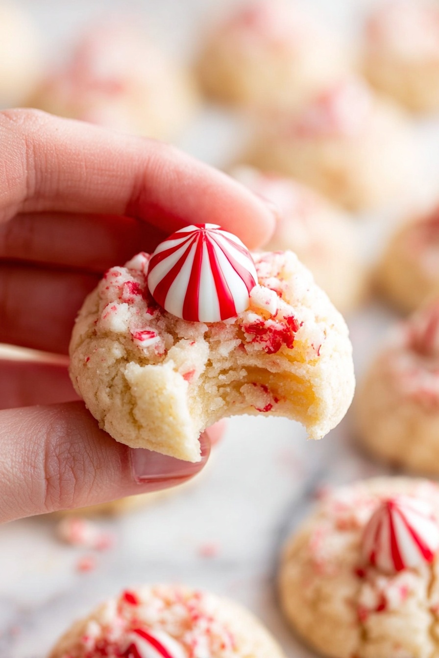 A close-up view of a small round cookie with a light beige color and crumbly texture, held by a woman's hand at the bottom left. The cookie has small red bits mixed in the dough and a white and red striped chocolate drop placed upright in the center on top. The cookie is partly bitten, revealing a soft inside, and the background is filled with more similar cookies out of focus on a white marbled surface. Photo taken with an iphone --ar 2:3 --v 7