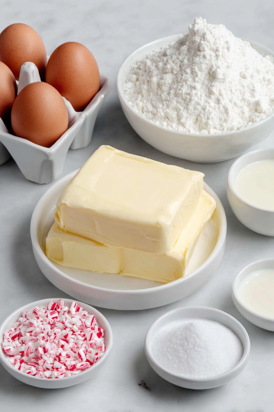 Flat lay of very soft unsalted butter in a simple white ceramic bowl, a small white bowl filled with smooth sweetened condensed milk, a small white bowl containing fine white powdered sugar, a small white bowl with heavy cream, a small white bowl holding clear peppermint extract, a neat mound of fine white cornstarch on a white ceramic plate, whole uncracked brown eggs, and a scattering of crushed bright red and white peppermint candies on a white ceramic dish placed on a clean white marble surface, soft natural light, photo taken with an iPhone, professional food photography style, fresh ingredients, white ceramic bowls, no bottles, no duplicates, no utensils, no packaging --ar 2:3 --v 7 --p m7354615311229779997