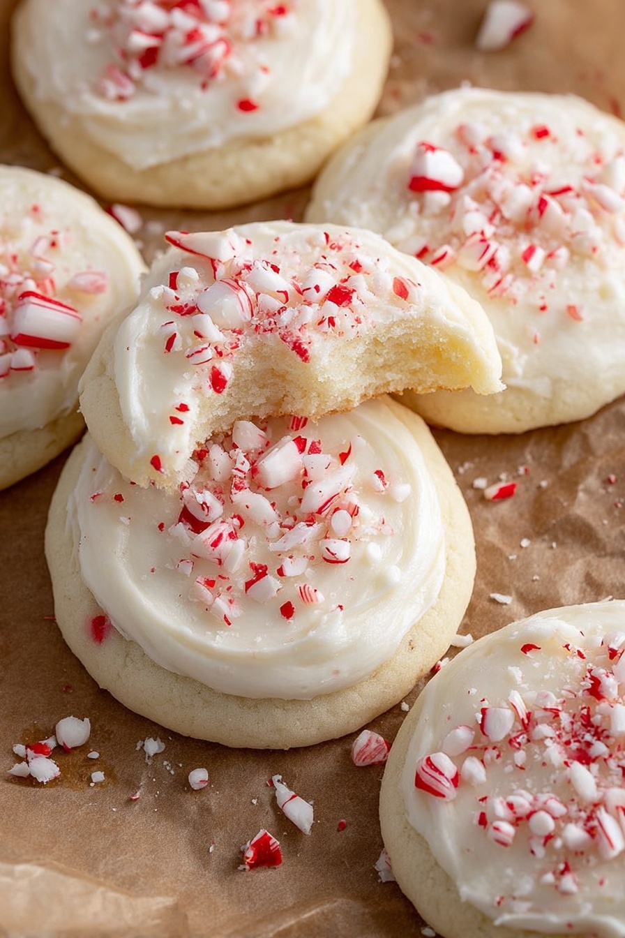 The image shows several soft, white cookies with a smooth layer of thick, creamy white frosting on top. Each cookie is decorated with small, rough pieces of red and white peppermint candy sprinkled evenly over the frosting. One cookie is placed on top of another, with the top cookie having a bite taken out of it, revealing a soft, pale inside. The cookies are arranged on a brown crinkled paper background. Photo taken with an iphone --ar 2:3 --v 7