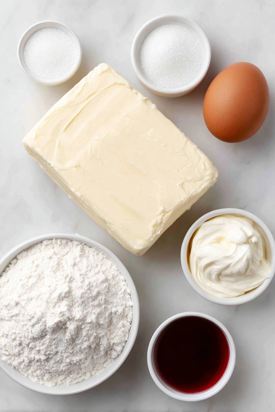 Flat lay of a large slab of unsalted butter, a small white bowl of granulated sugar, a small white bowl of cream of tartar, a small white bowl of heavy cream, one large whole brown egg, a small white bowl of pure peppermint extract, a small white bowl of clear vanilla flavoring, a small white bowl of baking powder, a simple mound of all-purpose flour, and a small white bowl with vibrant red gel color placed on a clean white marble surface, soft natural light, photo taken with an iPhone, professional food photography style, fresh ingredients, white ceramic bowls, no bottles, no duplicates, no utensils, no packaging --ar 2:3 --v 7 --p m7354615311229779997