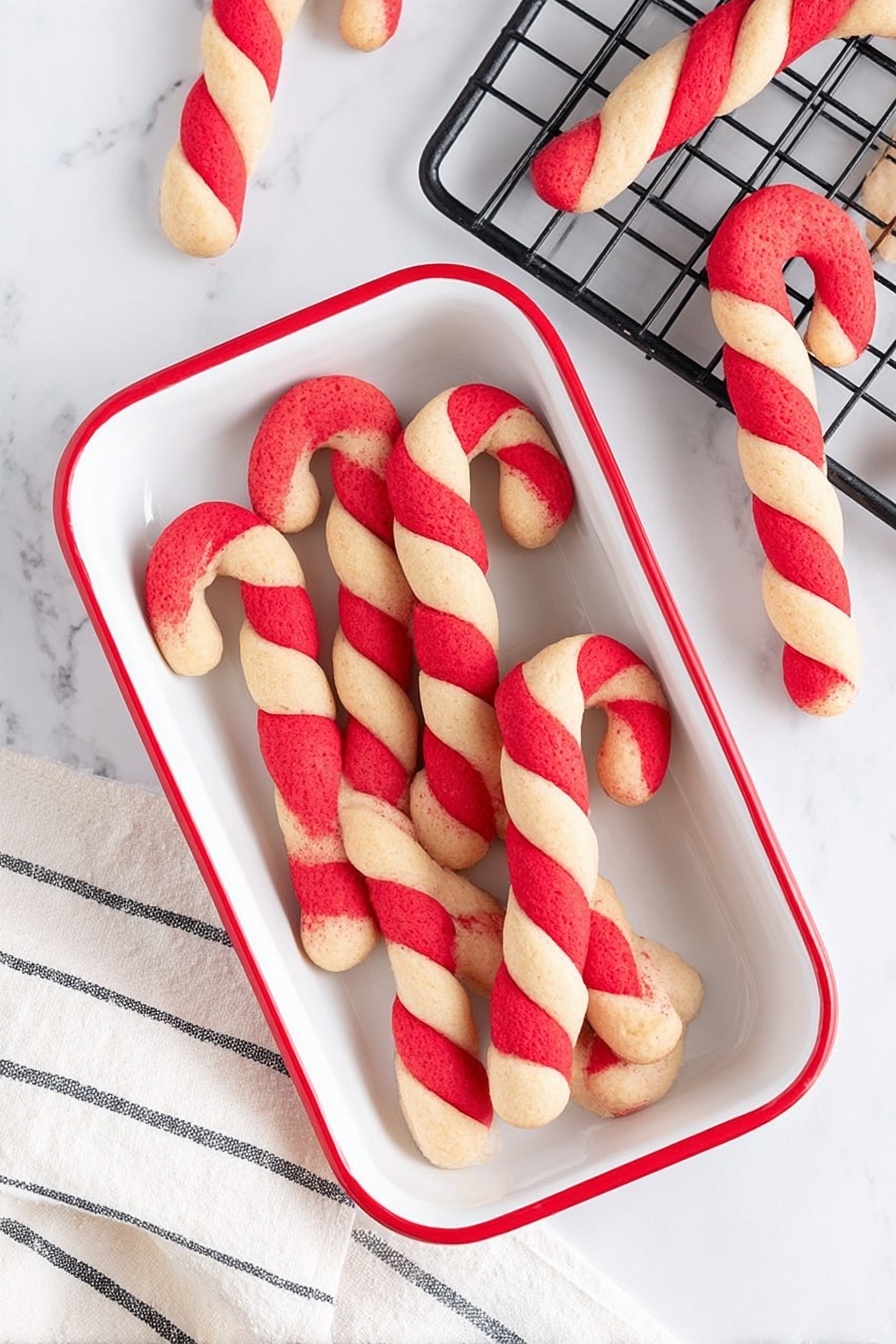 Several twisted candy cane-shaped cookies lie inside a white rectangular dish with a red rim. Each cookie has two colors twisted together: bright red and a light beige, creating a striped pattern along their length. Around the dish, some cookies rest on a white marbled surface, and a black cooling rack with more cookies is visible in the top left corner. Part of a white cloth with black stripes peeks into the bottom left corner. The overall scene is bright and clean. photo taken with an iphone --ar 2:3 --v 7