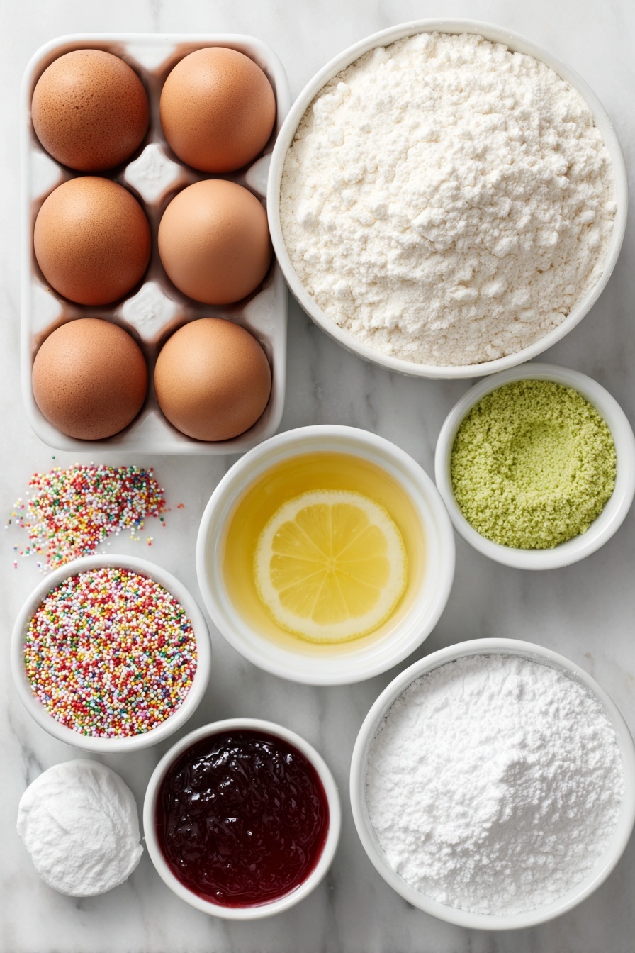 Flat lay of three whole large brown eggs with clean shells, a small white ceramic bowl of fresh lemon juice, a small white ceramic bowl filled with fine powdered sugar, a small white ceramic bowl containing vivid red gel food coloring, a small white ceramic bowl with bright green gel food coloring, and a small pile of colorful Christmas sprinkles, all arranged symmetrically and balanced on a clean white marble surface, soft natural light, photo taken with an iPhone, professional food photography style, fresh ingredients, white ceramic bowls, no bottles, no duplicates, no utensils, no packaging --ar 2:3 --v 7 --p m7354615311229779997