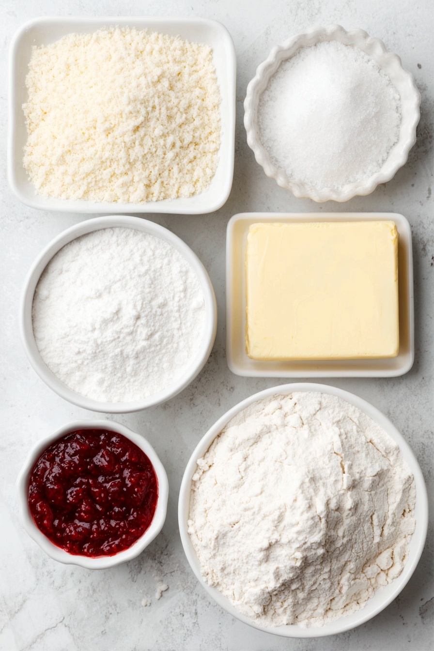 Flat lay of a small mound of all purpose flour, a pile of toasted ground almonds, a pinch of salt scattered gently on the surface, a large square of unsalted butter, a small white bowl filled with powdered sugar, a few drops of almond extract in a tiny white bowl, a small white bowl holding bright red seedless raspberry jam, all ingredients fresh and natural, perfectly arranged with balanced spacing and symmetry, placed on a clean white marble surface, soft natural light, photo taken with an iPhone, professional food photography style, fresh ingredients, white ceramic bowls, no bottles, no duplicates, no utensils, no packaging --ar 2:3 --v 7 --p m7354615311229779997