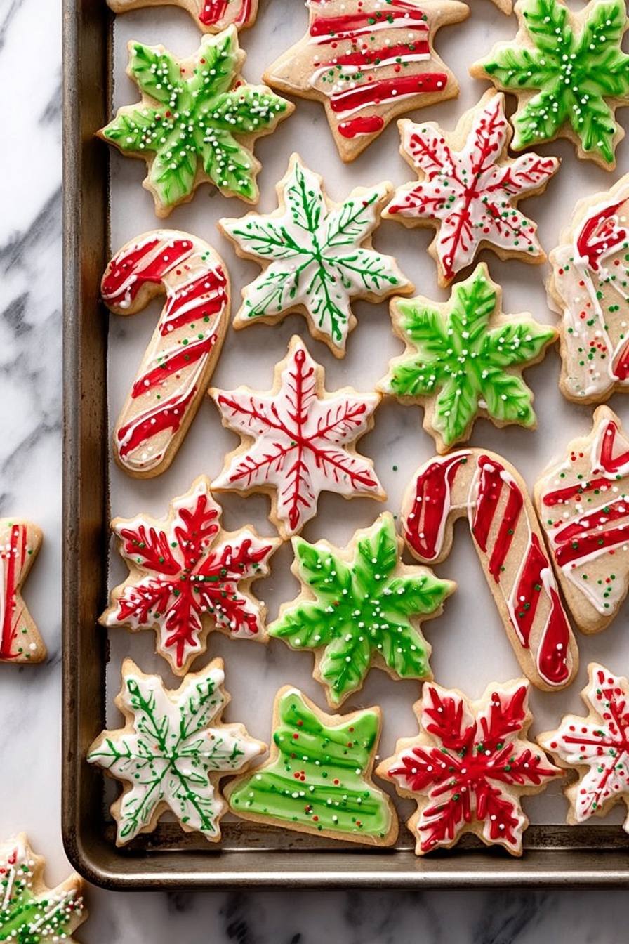 The image shows a baking tray full of Christmas-themed sugar cookies with detailed icing. There are three different shapes: snowflakes, candy canes, and stars. The snowflakes are iced with a white base and decorated with thin red or green lines and dots to create a delicate pattern. The candy cane cookies have a white base with red stripes running diagonally along the shape. The star cookies have a green or red base with white icing applied in a zigzag pattern on top. The tray is placed on a white marbled surface. photo taken with an iphone --ar 2:3 --v 7