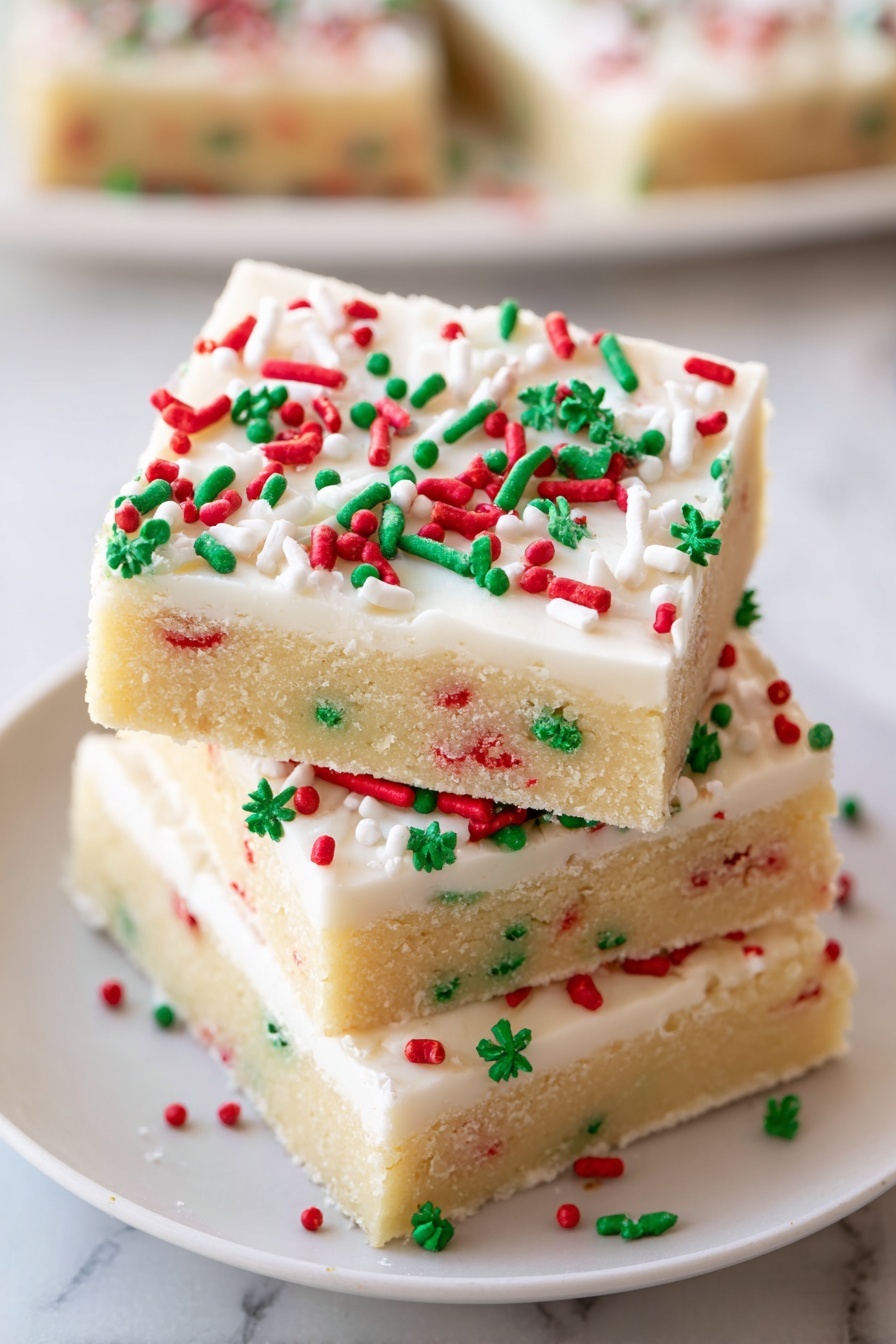 The image shows a stack of square dessert bars on a white plate, placed on a white marbled surface. Each dessert bar has two layers: the bottom layer is thick, light yellow with small red and green bits evenly mixed inside, and the top layer is a thick, smooth white frosting. The frosting is covered with a mix of red, green, and white sprinkles in different shapes, including small round dots and longer sticks scattered all over. The bars are neatly stacked, with one bar resting horizontally across others below it, showing the clean cut edges and the contrast between the two layers. Photo taken with an iphone --ar 2:3 --v 7