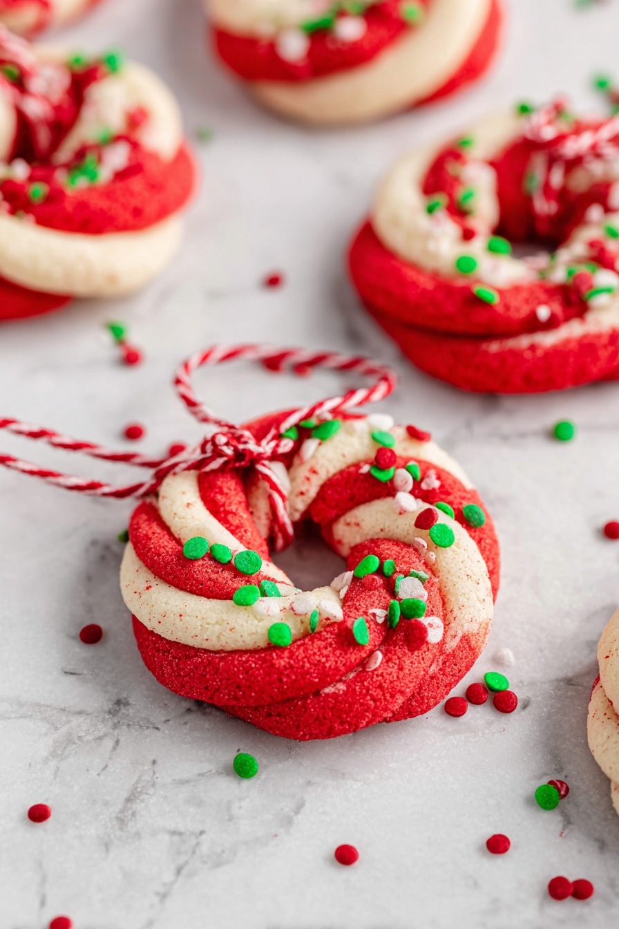 The image shows several round cookies shaped like wreaths, each with two thick layers swirled together, one bright red and one white, creating a striped effect. The cookies are decorated with small round sprinkles in red, green, and white, scattered on top and around them. One cookie in the foreground is tied with a red and white striped string through the center hole. The cookies rest directly on a white marbled surface with soft natural lighting, giving a fresh and festive look. Photo taken with an iphone --ar 2:3 --v 7
