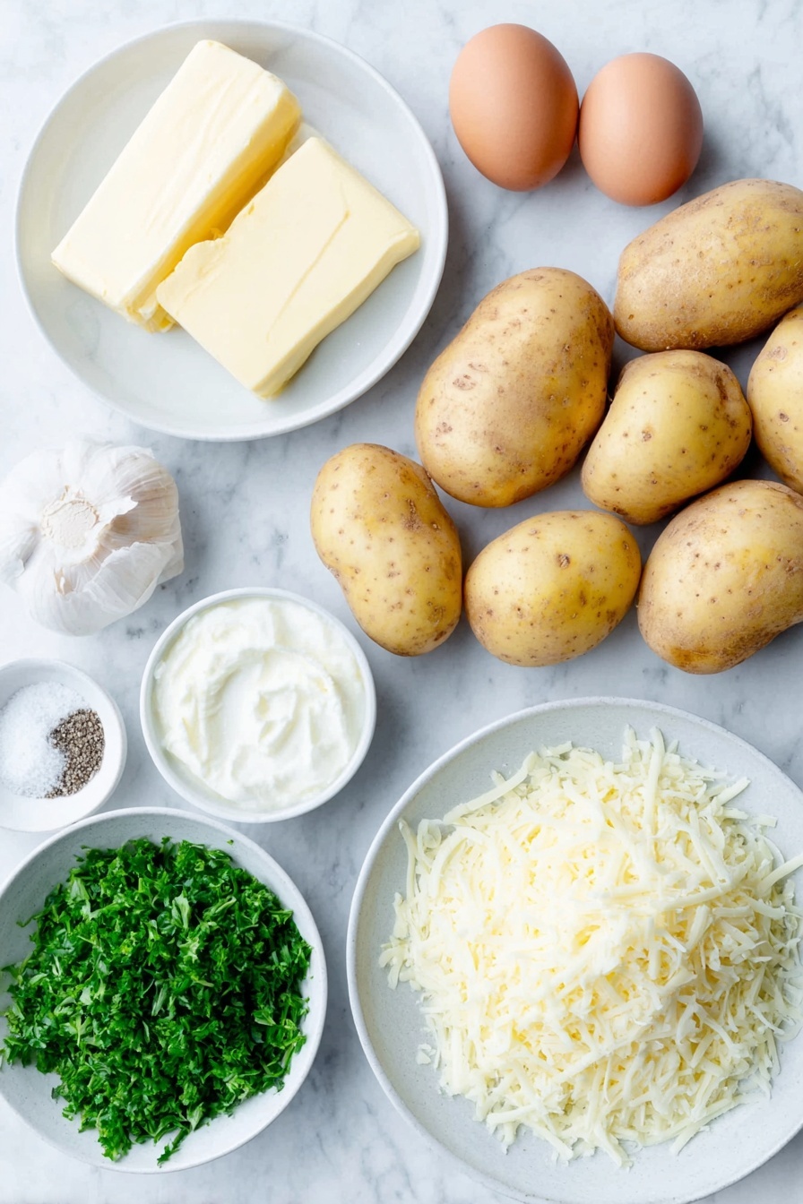 Flat lay of peeled and quartered Yukon gold potatoes, a few whole uncracked brown eggs, a small mound of finely shredded Parmesan cheese on a white ceramic plate, a few garlic cloves, a small white ceramic bowl with heavy cream, a few pats of salted butter, a small white ceramic bowl with kosher salt, a small white ceramic bowl with freshly ground black pepper, a tiny pinch of ground nutmeg on a white ceramic spoon-shaped dish, and a small bunch of chopped fresh parsley placed on a clean white marble surface, soft natural light, photo taken with an iPhone, professional food photography style, fresh ingredients, white ceramic bowls, no bottles, no duplicates, no utensils, no packaging --ar 2:3 --v 7 --p m7354615311229779997