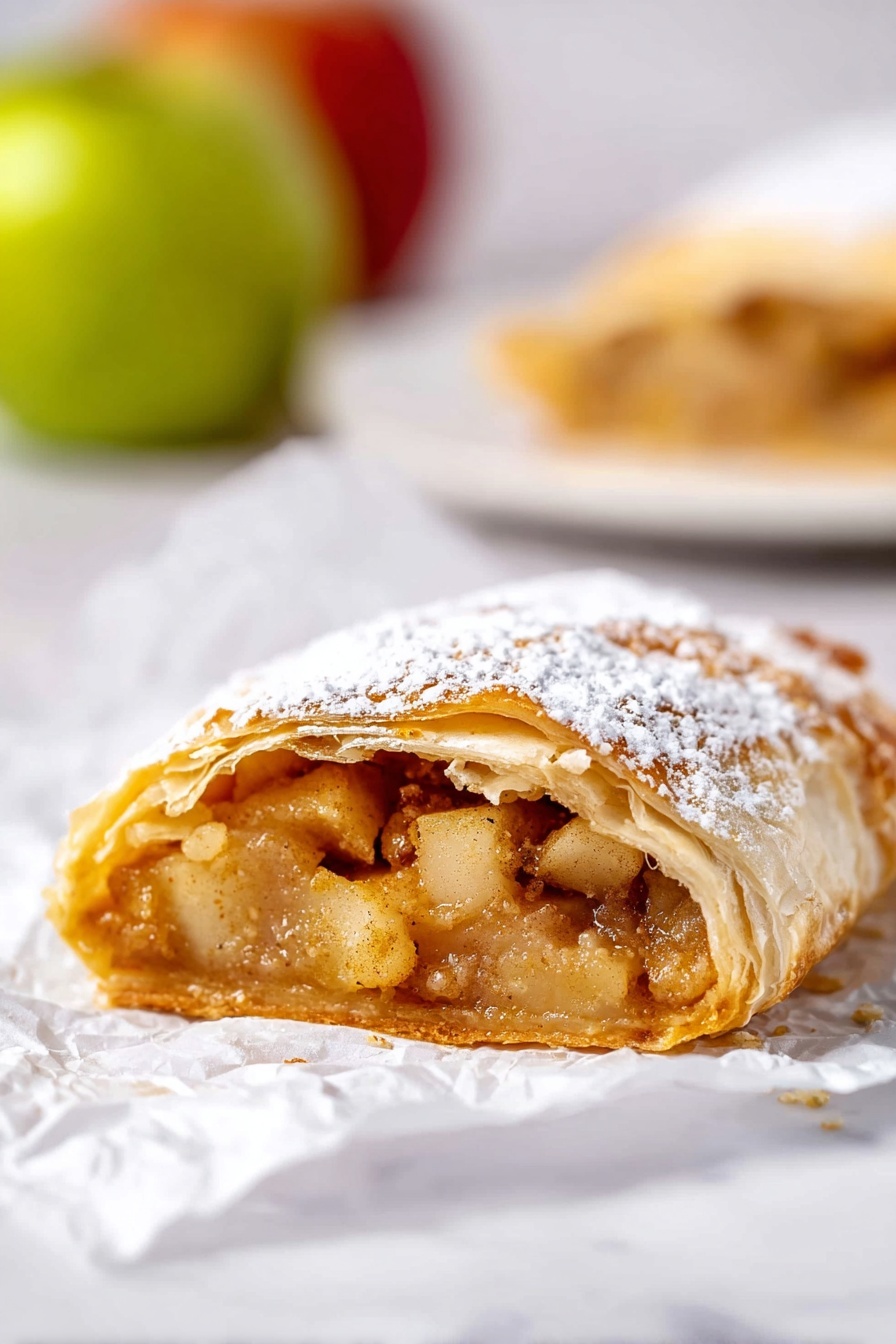 The image shows a close-up of a single slice of apple strudel on white crinkled paper, with a thin golden-brown crust layer on top covered with a light dusting of white powdered sugar. Inside, there is a thick filling made of soft, light golden apple pieces mixed with small crumbly bits and a shiny, slightly sticky layer beneath. In the blurred background, there is a whole apple and another piece of strudel on a white plate, all set on a white marbled surface. Photo taken with an iphone --ar 2:3 --v 7