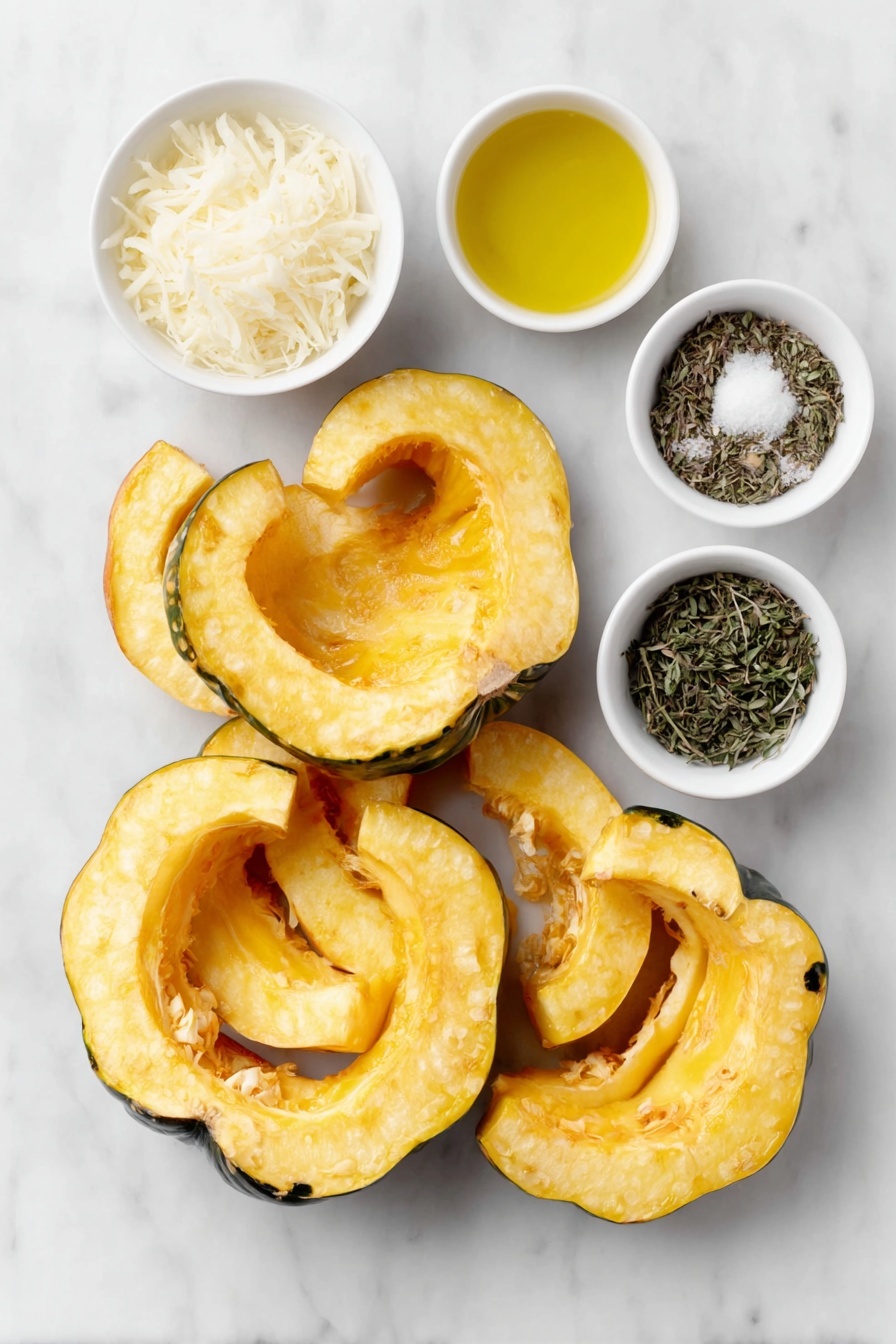 Flat lay of two small to medium acorn squash halved and sliced into thick crescent pieces, a small white bowl of extra-virgin olive oil, a small white bowl filled with finely grated parmesan cheese, a small white bowl containing garlic powder, a small white bowl with kosher salt, a small white bowl with dried basil, a small white bowl with dried thyme, a small white bowl with dried oregano, placed on a clean white marble surface, soft natural light, photo taken with an iPhone, professional food photography style, fresh ingredients, white ceramic bowls, no bottles, no duplicates, no utensils, no packaging --ar 2:3 --v 7 --p m7354615311229779997
