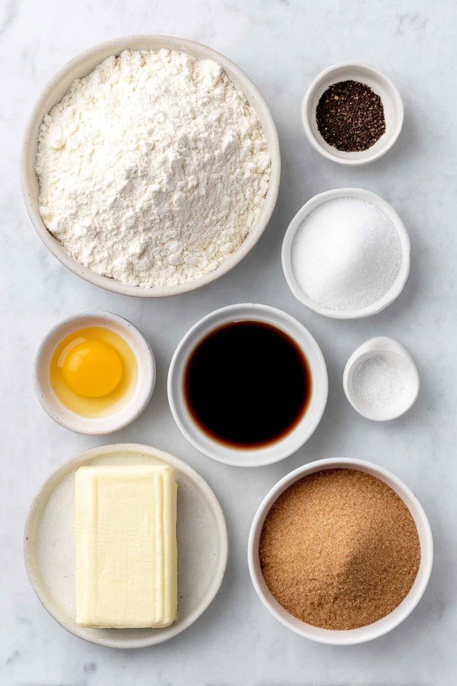 Flat lay of a small mound of all-purpose flour, a small white bowl of baking soda, a small white bowl with ground ginger, a small white bowl with ground cinnamon, a small white bowl with ground cloves, a small white bowl of salt, a small white bowl of fresh ground pepper, a small white bowl of dark molasses, a small white bowl of hot water, a few tablespoons of softened unsalted butter shaped as a smooth pat, a small white bowl of packed brown sugar, one large whole egg with a clean shell, a small white bowl of pure vanilla extract, a small white bowl of sifted confectioners’ sugar, a small white bowl of fresh orange juice, all ingredients arranged symmetrically and naturally placed on a clean white marble surface, soft natural light, photo taken with an iPhone, professional food photography style, fresh ingredients, white ceramic bowls, no bottles, no duplicates, no utensils, no packaging --ar 2:3 --v 7 --p m7354615311229779997