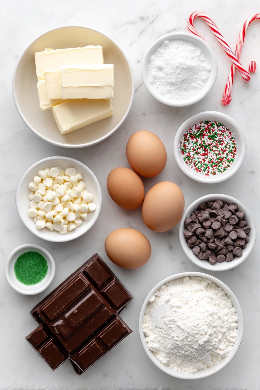 Flat lay of unsalted butter in a small white ceramic bowl, dark chocolate squares stacked neatly, four whole brown eggs with clean shells arranged side by side, a small white bowl filled with caster sugar, a small white bowl holding plain flour, a small white bowl containing cocoa powder, a small pile of milk chocolate chips, a small pile of white chocolate chips, straight candy cane sticks with red and white stripes, a small white bowl filled with icing sugar, a small white bowl of vibrant green food colouring liquid, colorful round bauble sprinkles scattered loosely — placed on a clean white marble surface, soft natural light, photo taken with an iPhone, professional food photography style, fresh ingredients, white ceramic bowls, no bottles, no duplicates, no utensils, no packaging --ar 2:3 --v 7 --p m7354615311229779997