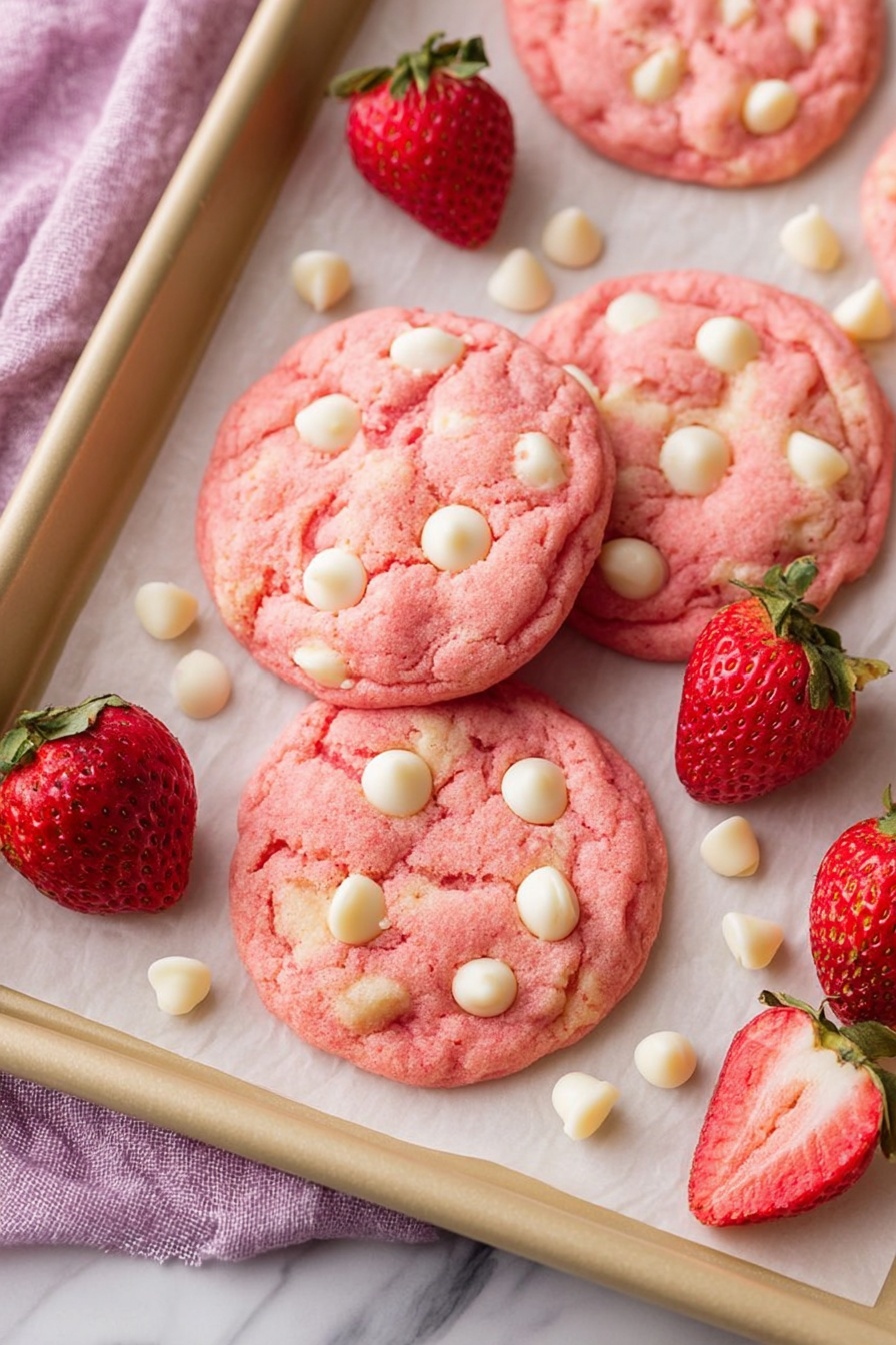 The image shows several pink cookies with white chip pieces scattered on top, laid out on white parchment paper on a beige baking tray. The cookies have a soft, slightly uneven surface texture with visible white chips. Around the cookies are whole and halved bright red strawberries with green stems, adding vibrant color contrast. Additional white chips are scattered loosely on the parchment paper and tray edges. The tray rests on a light purple cloth over a white marbled surface. photo taken with an iphone --ar 2:3 --v 7