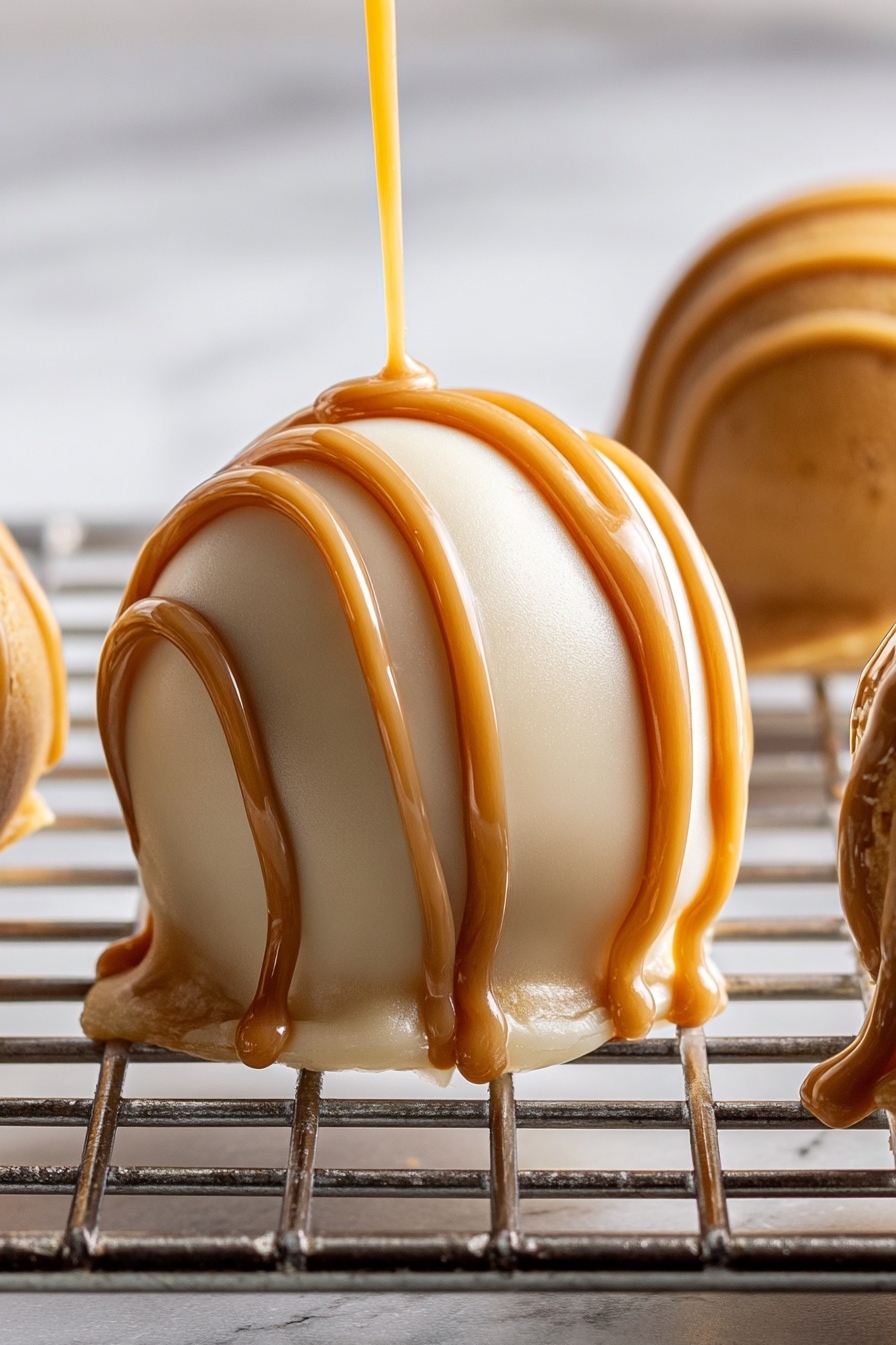 A smooth white rounded dessert with a shiny texture sits on a metal rack, covered with three thin caramel-colored lines dripping down its sides. The caramel drizzle glistens as it flows over the top and pools slightly at the base. Another similar dessert is partly visible on the right side. The background features a white marbled texture. photo taken with an iphone --ar 2:3 --v 7