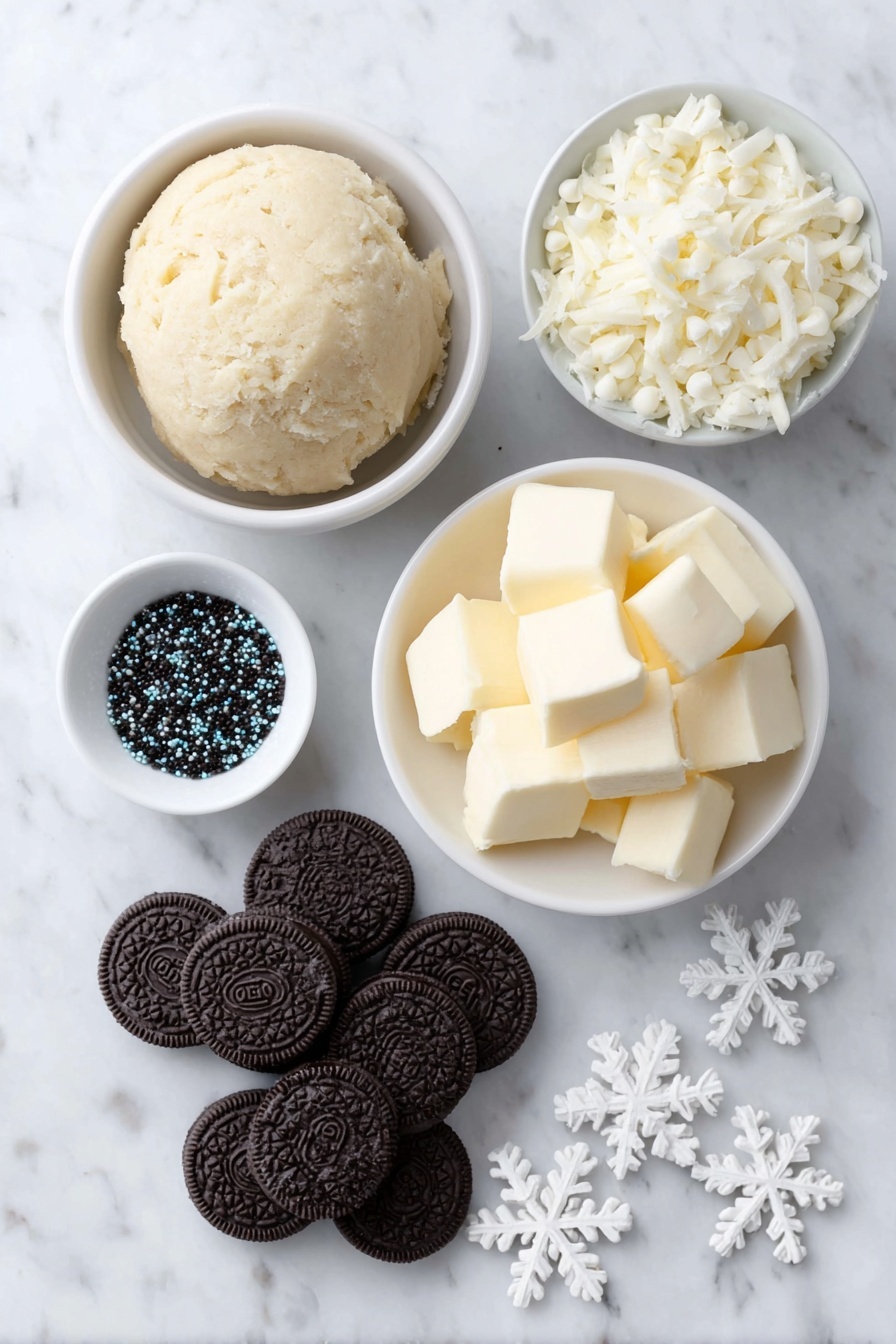 Flat lay of a smooth ball of edible cookie dough, whole mini Oreo cookies without frosting, a small white ceramic bowl filled with white chocolate chips, a small white ceramic bowl of clear coconut oil, a neat pile of shiny Rolo chocolate candies with glossy caramel centers visible through some open ends, scattered delicate white snowflake sprinkles, and tiny black and orange pearl sprinkles arranged symmetrically, all placed on a clean white marble surface, soft natural light, photo taken with an iPhone, professional food photography style, fresh ingredients, white ceramic bowls, no bottles, no duplicates, no utensils, no packaging --ar 2:3 --v 7 --p m7354615311229779997