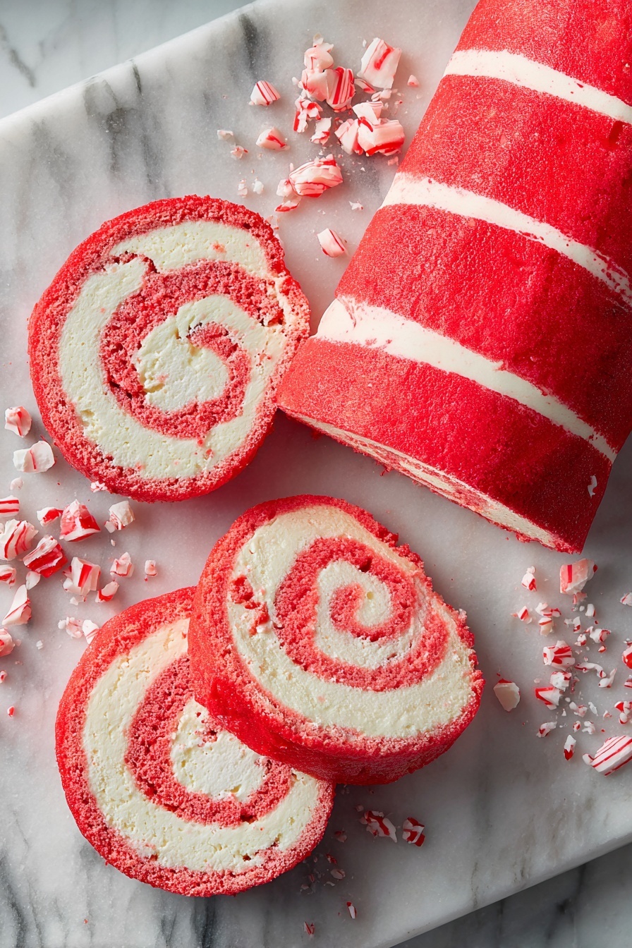 A candy cane roll cake is shown on a white rectangular tray set on a white marbled surface. The cake has a total of two visible layers spiraled inside: bright red soft cake alternating with a pale pink creamy filling that looks smooth and thick. The outer layer is a striped pattern of red cake and thin white cream lines. The cake is rolled tightly with a neat swirl, and one thick slice is cut and laid flat in front, showing the red and pink spiral layers clearly. Around the tray are broken pieces of red and white peppermint candy and whole twisted red and white candy canes. The scene gives a festive and fresh look. photo taken with an iphone --ar 2:3 --v 7