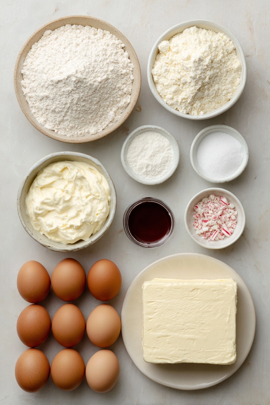 Flat lay of a small mound of all-purpose flour, a small mound of cornstarch, a small white ceramic bowl of baking powder, a small white ceramic bowl of kosher salt, nine whole brown eggs with clean shells arranged neatly, a small white ceramic bowl of cream of tartar, a small white ceramic bowl filled with granulated sugar, a small white ceramic bowl of peppermint extract, a tiny drop of red gel food coloring on a white ceramic plate, a small mound of confectioners’ sugar, a slab of unsalted butter softened on a simple white ceramic dish, a portion of cream cheese softened on a white ceramic plate, a small white ceramic bowl of crushed candy canes placed on a clean white marble surface, soft natural light, photo taken with an iPhone, professional food photography style, fresh ingredients, white ceramic bowls, no bottles, no duplicates, no utensils, no packaging --ar 2:3 --v 7 --p m7354615311229779997