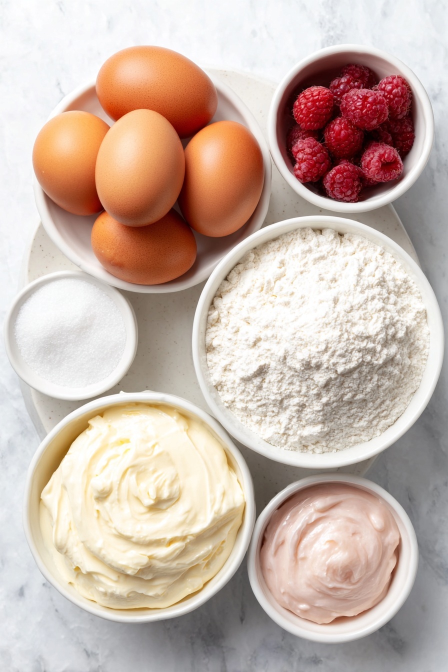 Flat lay of a simple white ceramic plate holding five whole brown eggs with clean shells, a small white ceramic bowl filled with fine all-purpose flour, a small white ceramic bowl containing granulated sugar, a small white ceramic bowl of bright red fresh raspberries, a small white ceramic bowl with creamy white mascarpone cheese, and a small white ceramic bowl holding light pink raspberry preserves, placed on a clean white marble surface, soft natural light, photo taken with an iPhone, professional food photography style, fresh ingredients, white ceramic bowls, no bottles, no duplicates, no utensils, no packaging --ar 2:3 --v 7 --p m7354615311229779997