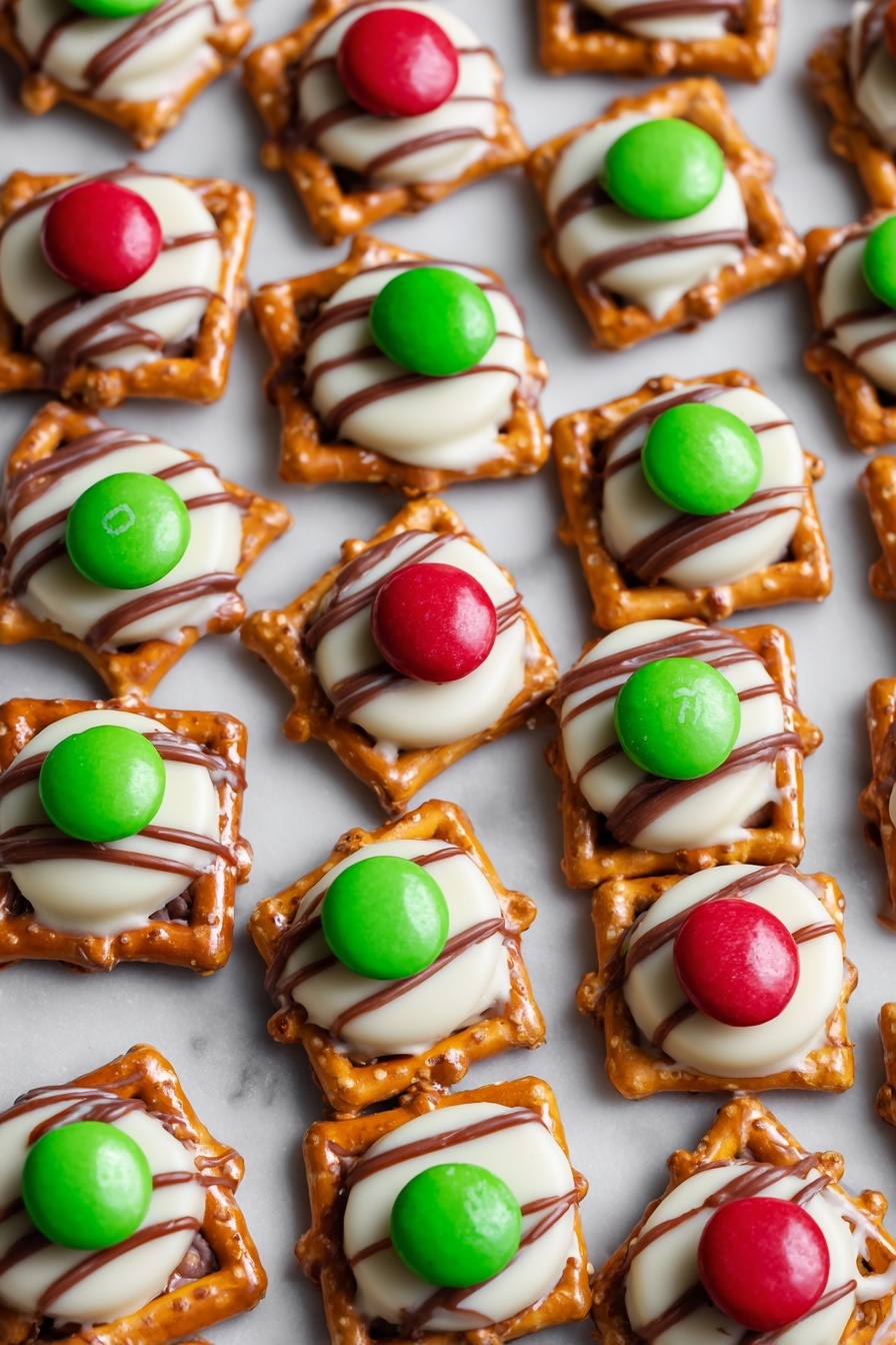 A neat grid of square pretzels forms the base layer, each light brown and slightly crunchy in texture. On top of each pretzel is a round white chocolate disk with smooth surface, slightly melting into the pretzel edges. Thin, wavy lines of milk chocolate are drizzled over the white chocolate disks, adding a light brown striped texture. Each white chocolate disk is topped with a single, glossy candy coated chocolate piece, alternating between bright red and vivid green, each candy centered on the disk. The whole arrangement is shown on a white marbled surface. Photo taken with an iphone --ar 2:3 --v 7