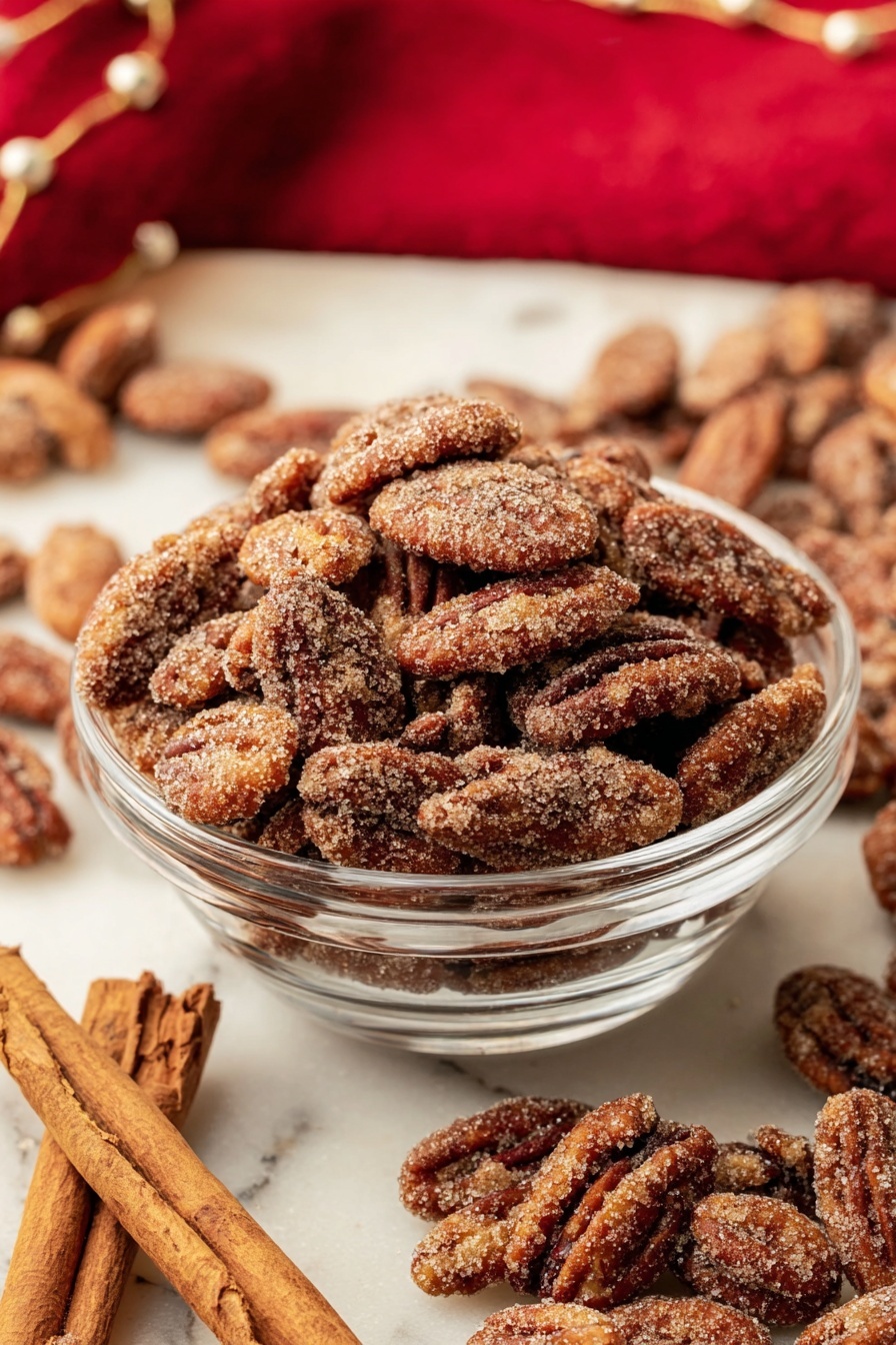 A clear glass bowl filled with a pile of cinnamon-sugar coated pecans sits in the center of the image, with many more pecans scattered around it on a white marbled surface. The pecans are brown with a rough, sugary texture, showing a light coating of sugar and cinnamon. To the left side of the bowl, there are several sticks of cinnamon resting on the surface, adding a warm brown color and a straight, long shape contrast with the curved pecans. The background includes a soft white marbled texture beneath the nuts, and a blurred red cloth or object behind, giving a cozy feeling. Photo taken with an iphone --ar 2:3 --v 7