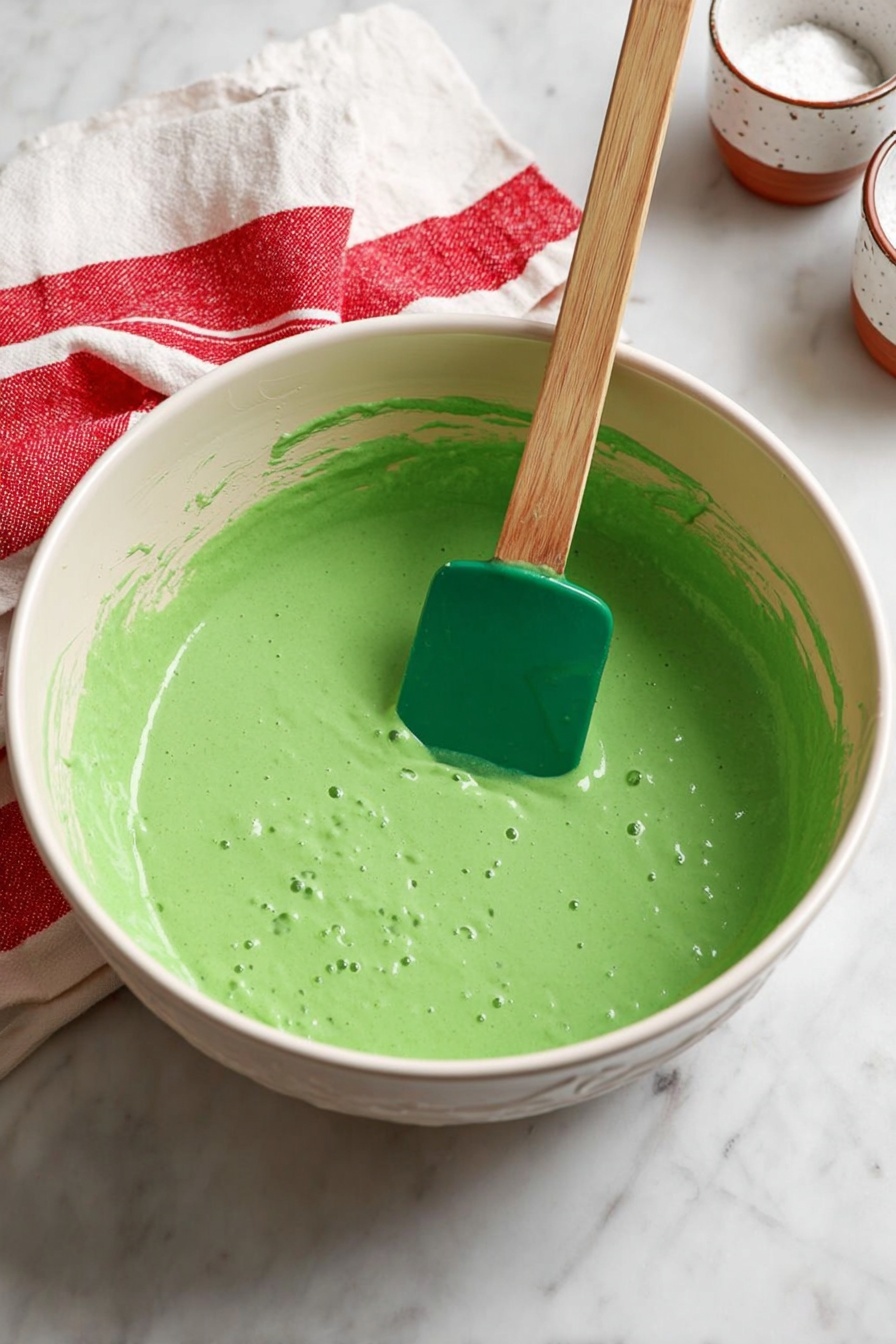 A close-up shows four layered green pancakes stacked on a silver fork. The pancakes have a soft, bubbly texture with a slightly brown edge on the bottom layer. In the blurred background, there is a white plate with more green pancakes topped with white cream and small red sprinkles, all set on a white marbled surface. photo taken with an iphone --ar 2:3 --v 7