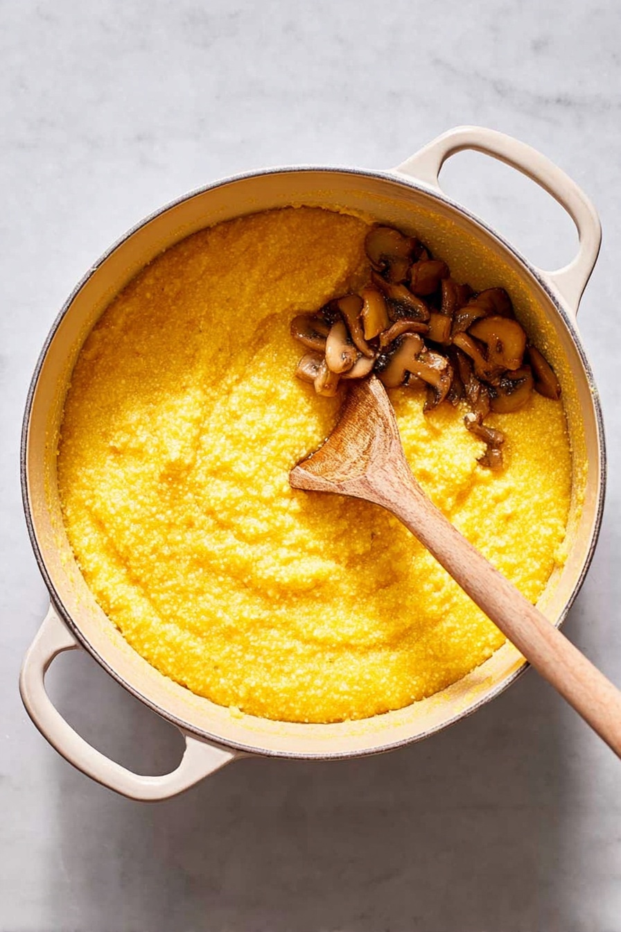 A white pot with two handles is filled with thick, bright yellow polenta. The polenta has a coarse texture and is being stirred with a wooden spoon that has a long handle resting inside the pot. The pot sits on a white marbled surface. The light shows the texture of the soft, creamy polenta inside the pot photo taken with an iphone --ar 2:3 --v 7