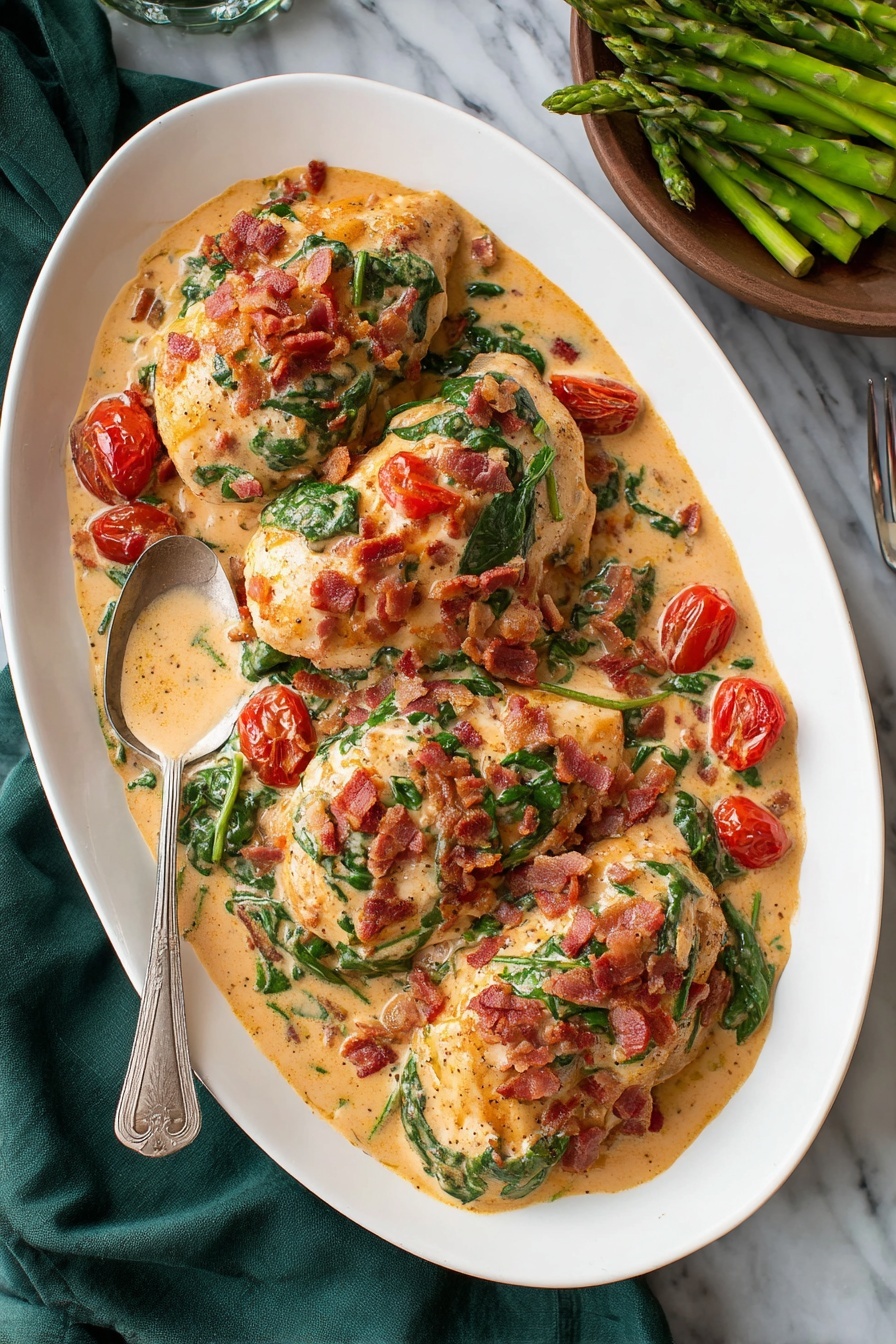 The dish shows four golden-brown cooked chicken pieces laid out on a white oval plate over a white marbled surface. The chicken is covered with a creamy sauce that has a light tan color, filled with bright red cherry tomato halves, dark green spinach leaves, and small crispy bits of bacon scattered evenly across. A silver spoon rests on the left side of the plate. In the lower right corner, a bowl holds fresh green asparagus spears. A dark green cloth is partly under the plate, adding contrast. photo taken with an iphone --ar 2:3 --v 7