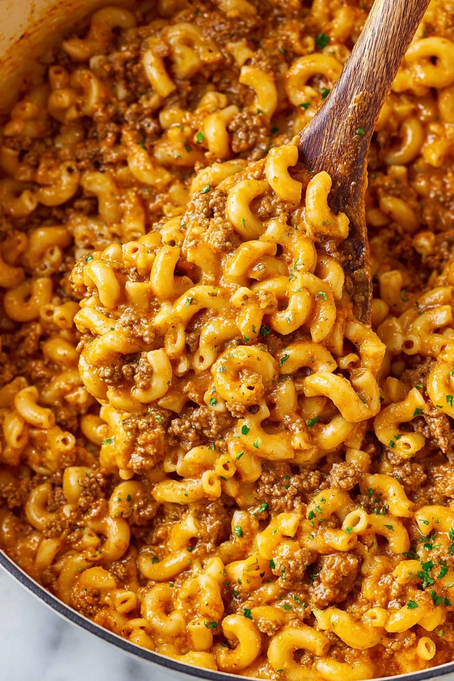 The image shows a close-up of a single layer of elbow macaroni pasta mixed evenly with small pieces of brown ground meat and bits of cooked onions in a rich, orange-colored sauce. The mixture looks moist and creamy with a slight shine and is sprinkled lightly with small green herb pieces for garnish. A wooden spoon is partially scooping a portion from the white pot, revealing the thick texture and uniform mix of pasta and meat beneath. The background surface is a white marbled texture photo taken with an iphone --ar 2:3 --v 7