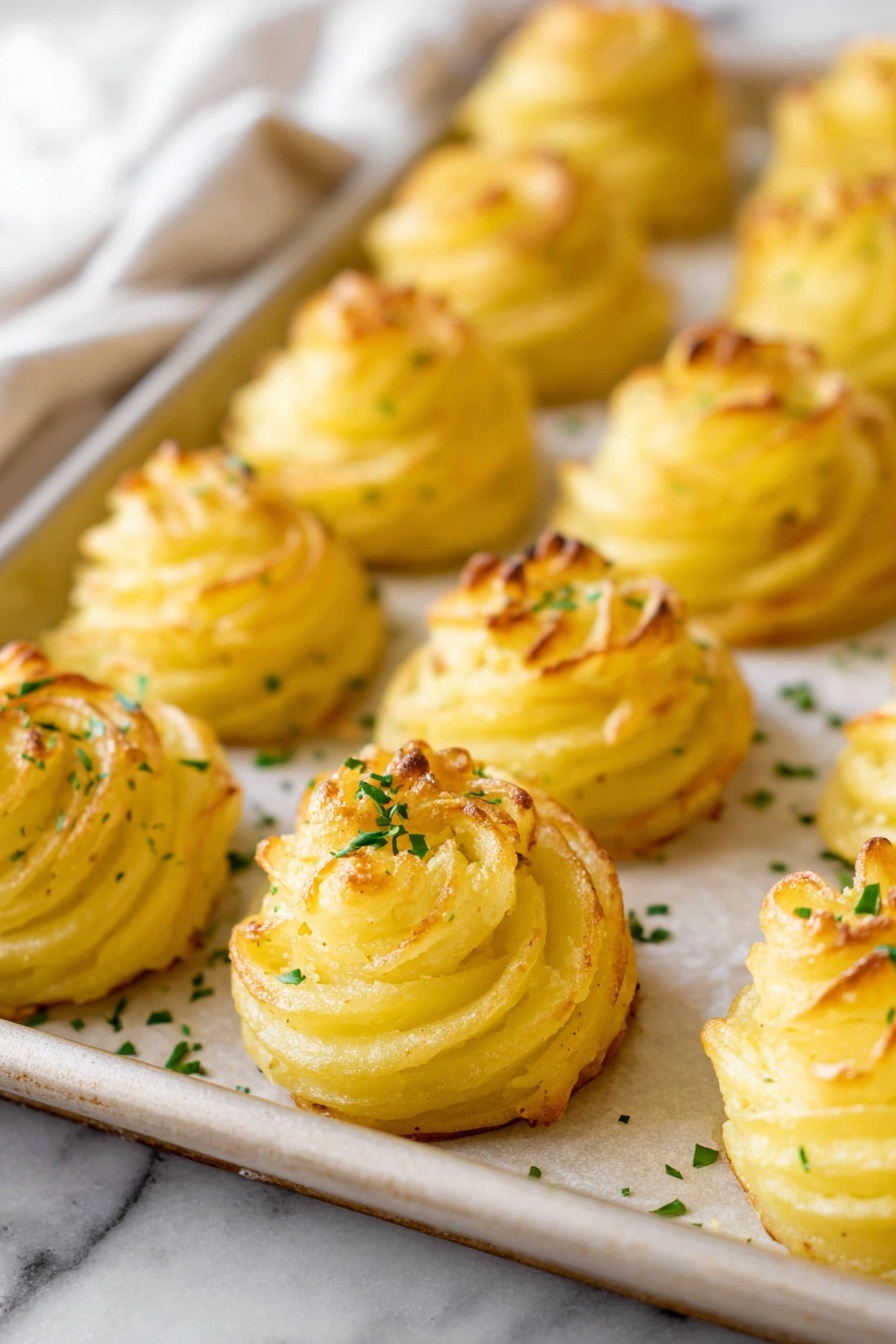 The image shows a tray with multiple small, golden yellow potato swirls, each shaped like a swirl tower with lightly browned tips. Each swirl has a smooth, creamy texture with ridged edges from being piped. The tray is lined with white parchment paper, and the potato swirls are sprinkled with small bits of chopped green herbs, adding a touch of color contrast to the warm yellow swirls. The background features a soft, white marbled surface with part of a food cloth visible on the left side. photo taken with an iphone --ar 2:3 --v 7