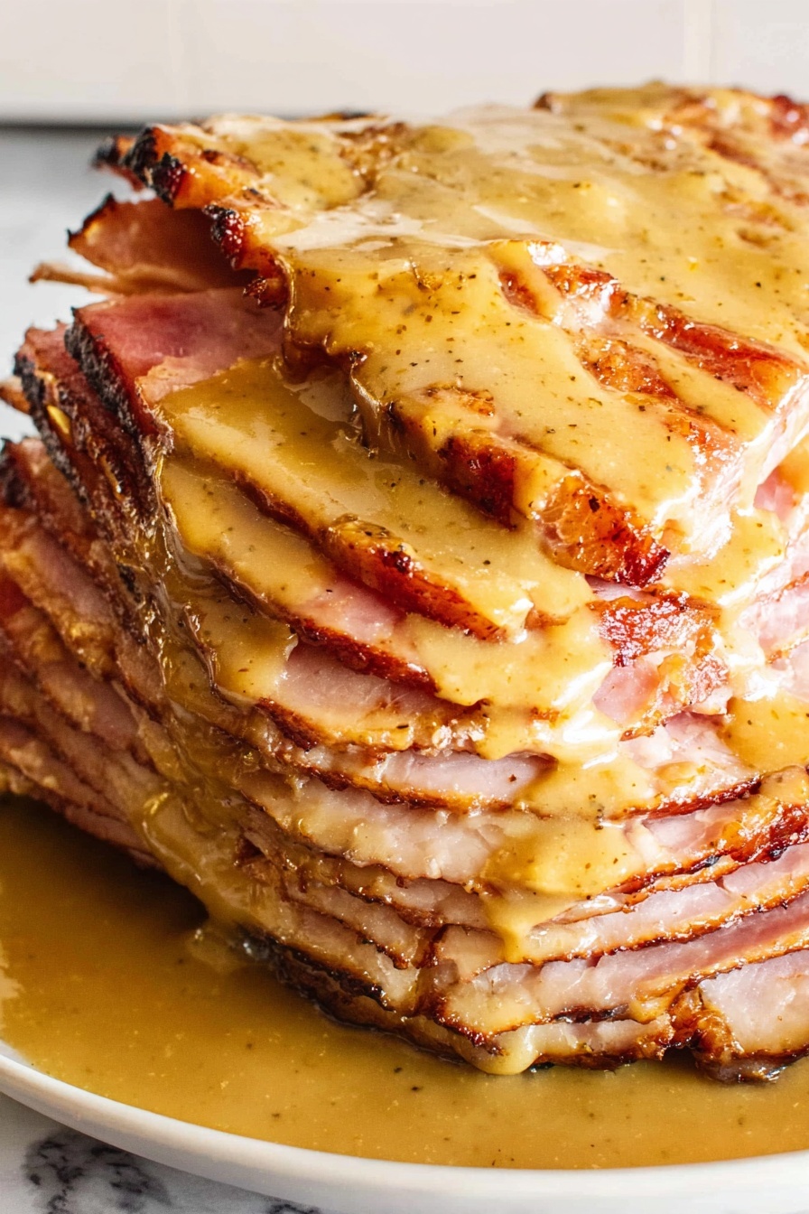 A stack of pancakes with about eight layers of thin, golden-brown pancakes sits on a white plate, each layer covered with a smooth, creamy light brown sauce that drips down the sides. The top pancake is fully coated with the sauce, making it look shiny and rich. The pancakes have a soft texture with some browning marks visible. The background is a white marbled surface. photo taken with an iphone --ar 2:3 --v 7