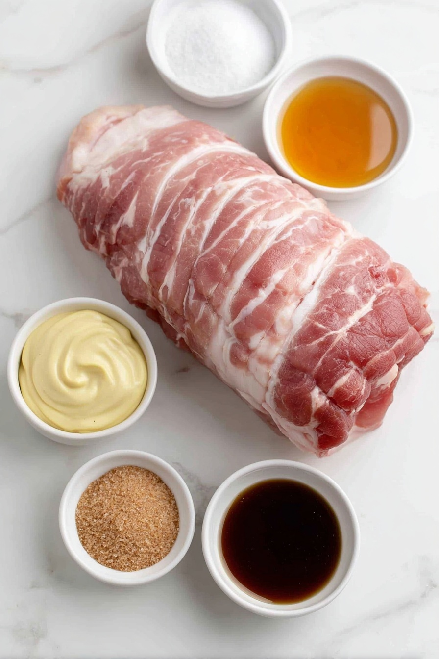Flat lay of a whole bone-in spiral-cut half ham with natural marbling and a pinkish hue, a small white bowl filled with golden honey, a small white bowl containing dark amber pure maple syrup, a small white bowl of smooth pale yellow Dijon mustard, and a small white bowl of light brown soft brown sugar, all ingredients fresh and natural, arranged symmetrically on a clean white marble surface, soft natural light, photo taken with an iPhone, professional food photography style, fresh ingredients, white ceramic bowls, no bottles, no duplicates, no utensils, no packaging --ar 2:3 --v 7 --p m7354615311229779997
