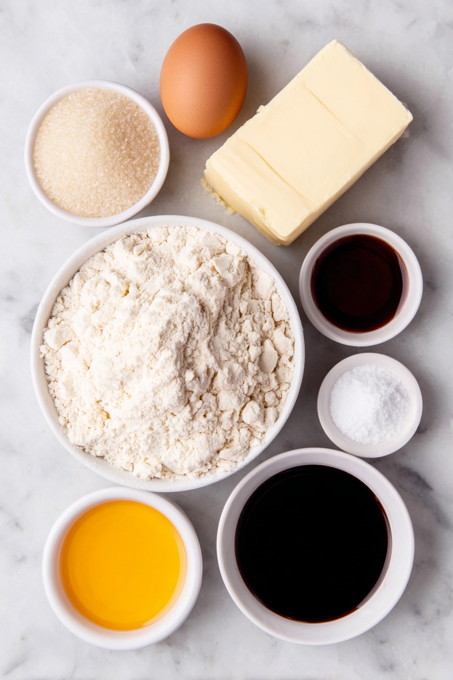 Flat lay of a small heap of all-purpose flour, a small mound of granulated sugar, a solid stick of unsalted butter, one large whole uncracked brown egg, a small white ceramic bowl of pure vanilla extract, a small white ceramic bowl of almond extract, a small white ceramic bowl of bright red gel food coloring, a small white ceramic bowl of deep black gel food coloring, a small white ceramic bowl of vibrant orange gel food coloring, and a small white ceramic bowl of baking powder, all arranged in perfect symmetry on a clean white marble surface, soft natural light, photo taken with an iPhone, professional food photography style, fresh ingredients, white ceramic bowls, no bottles, no duplicates, no utensils, no packaging --ar 2:3 --v 7 --p m7354615311229779997